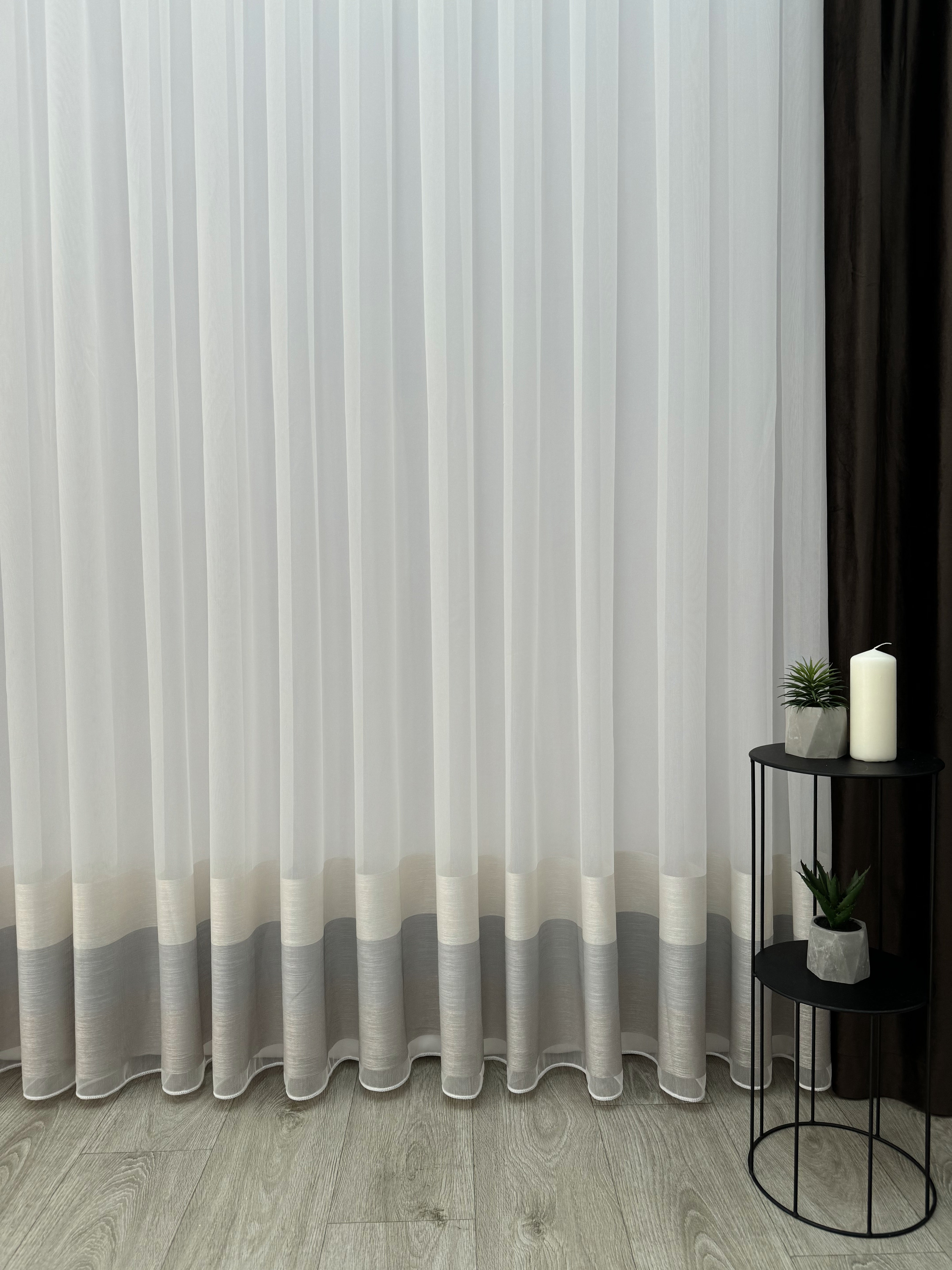 Bamboo-based sheer curtain with stripe on the bottom, brown color