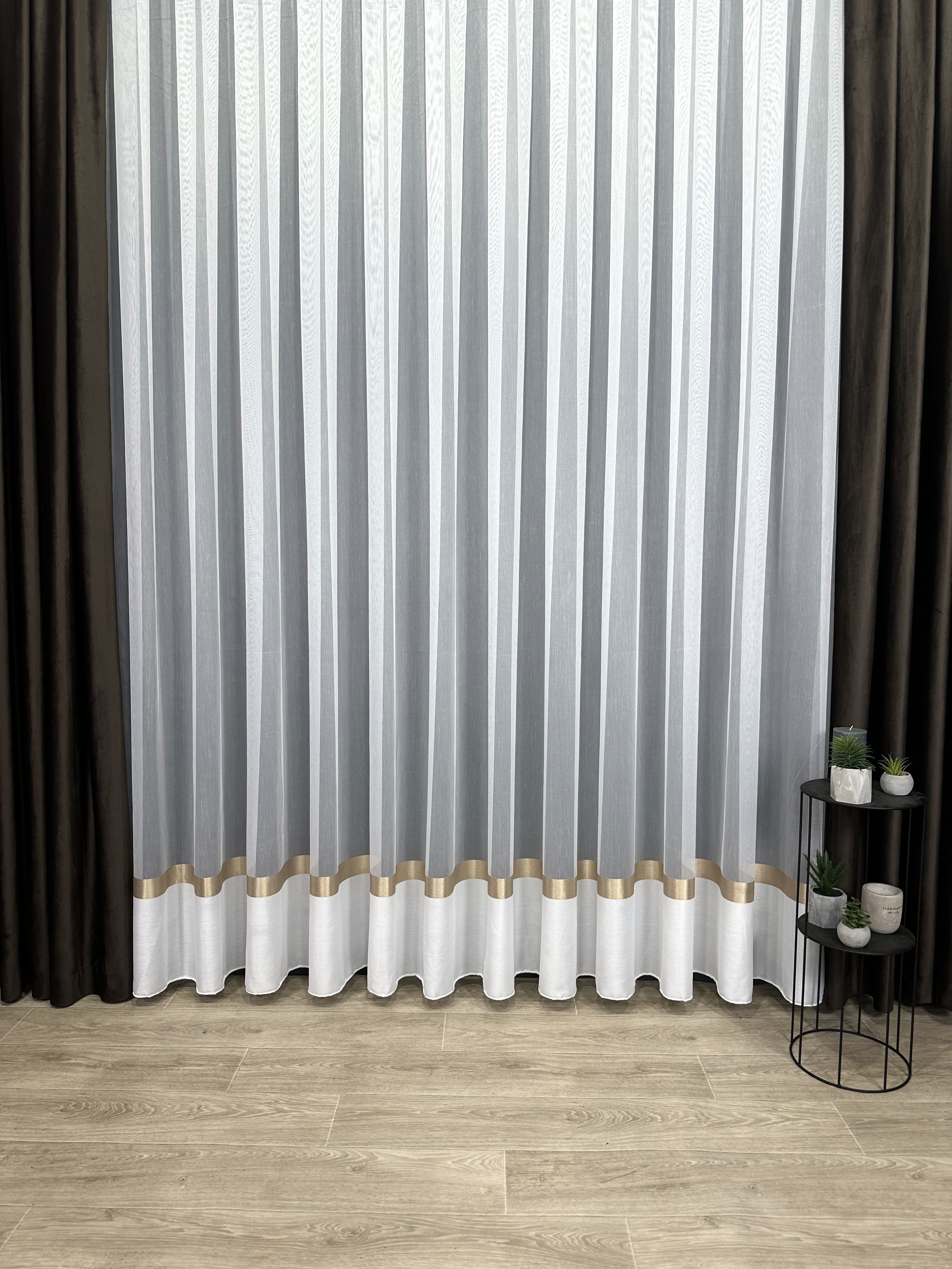 Sheer curtain with stripes and satin inserts, brown color