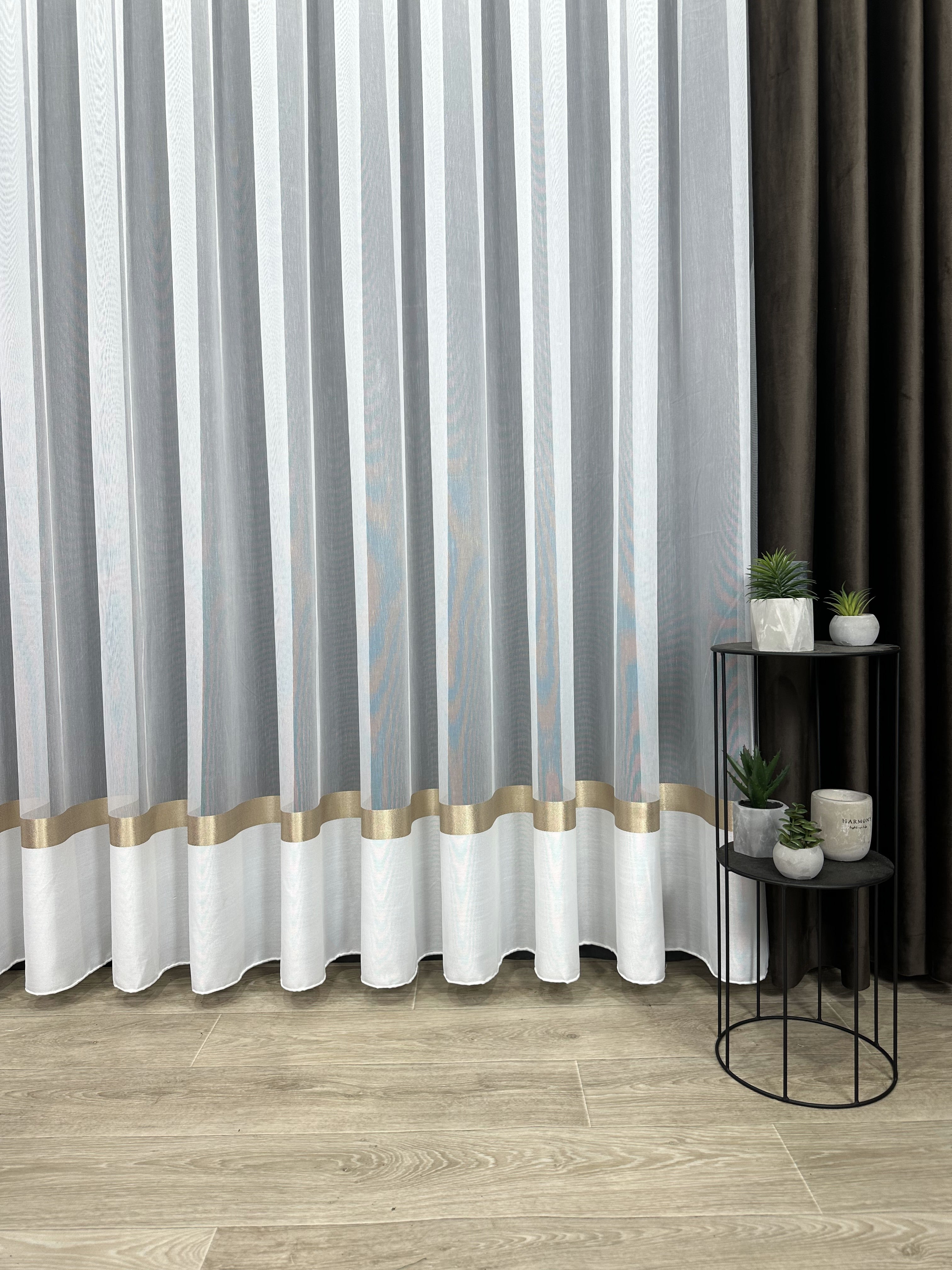 Sheer curtain with stripes and satin inserts, brown color