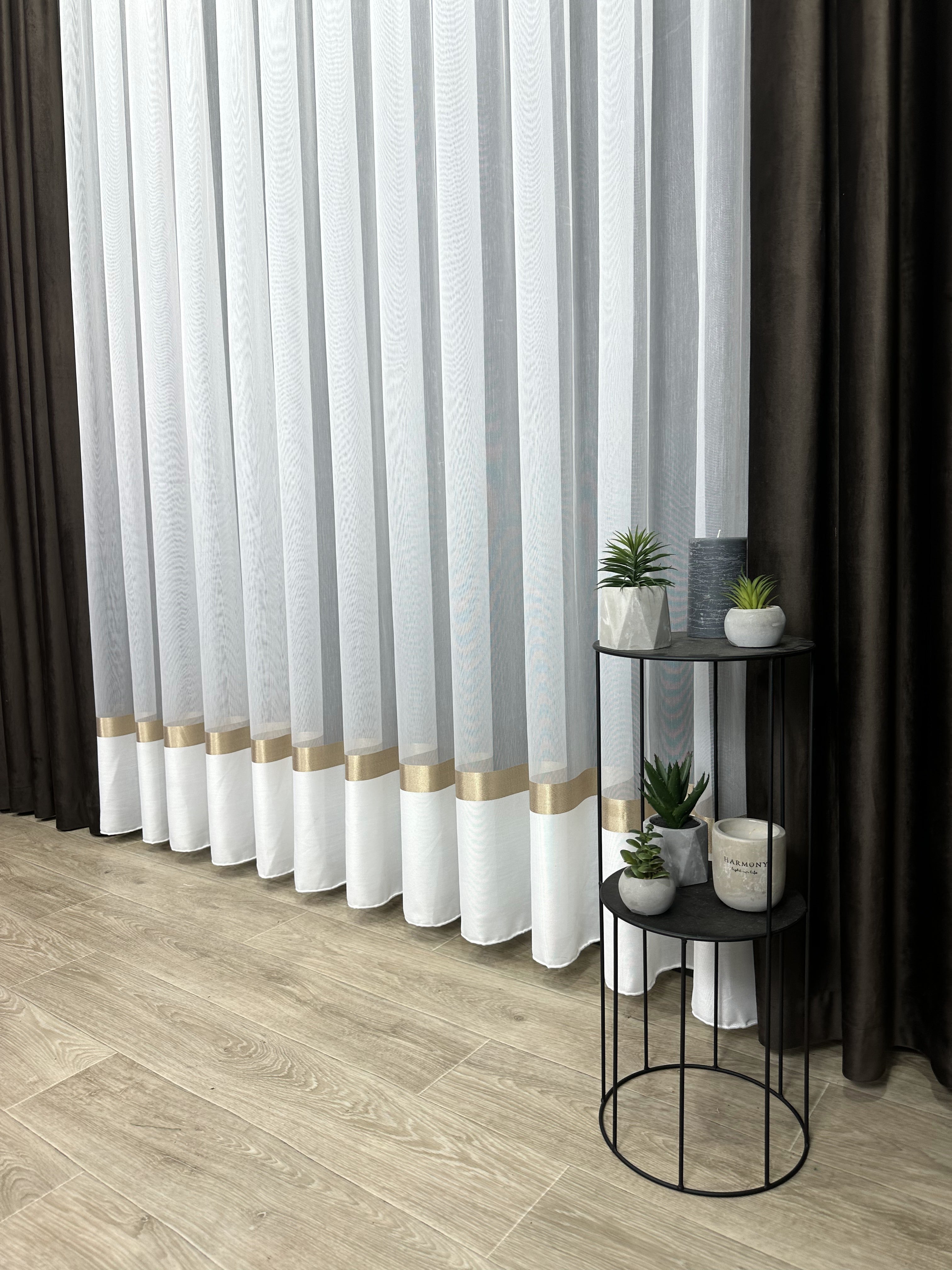 Sheer curtain with stripes and satin inserts, brown color