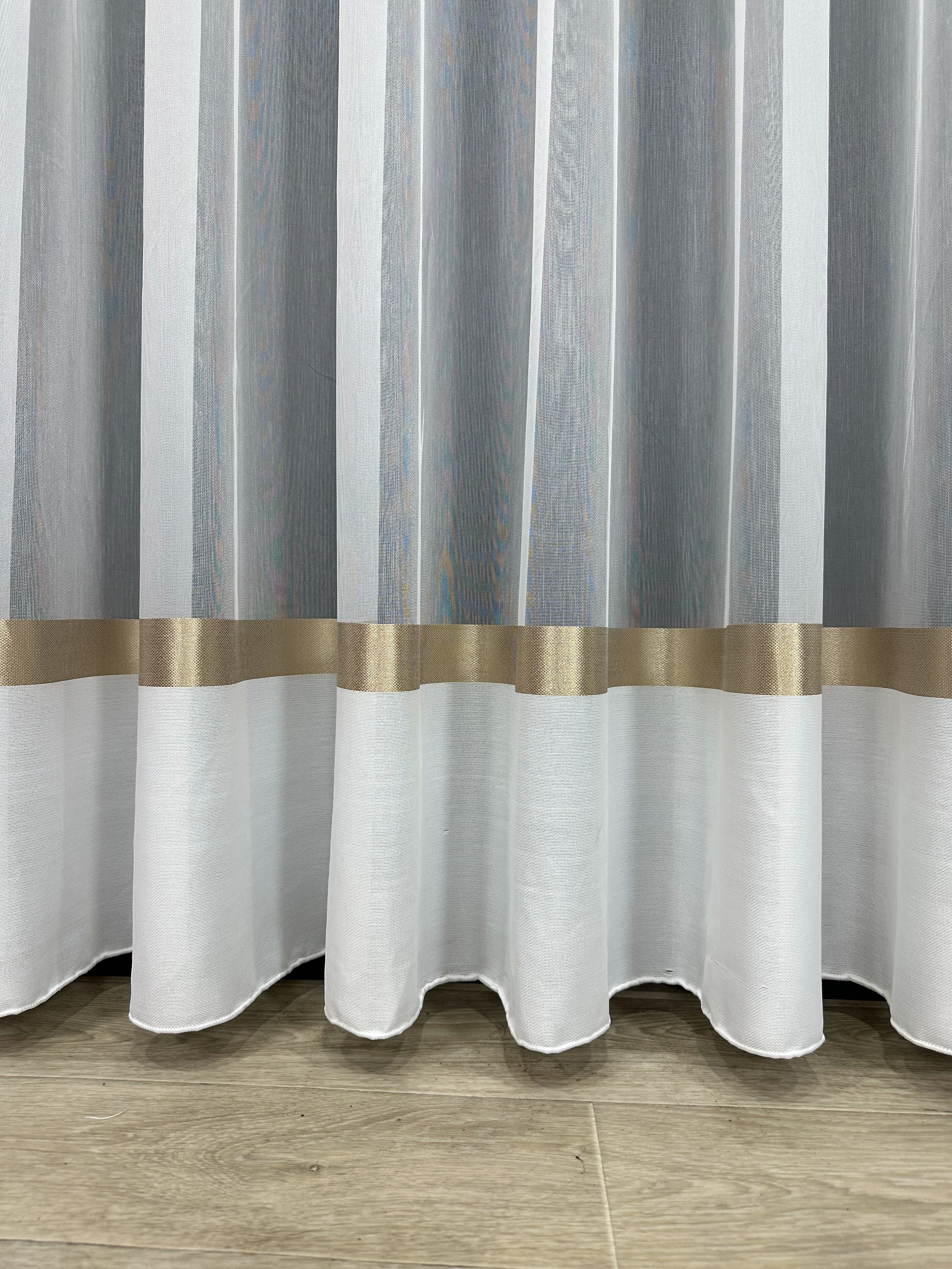 Sheer curtain with stripes and satin inserts, brown color