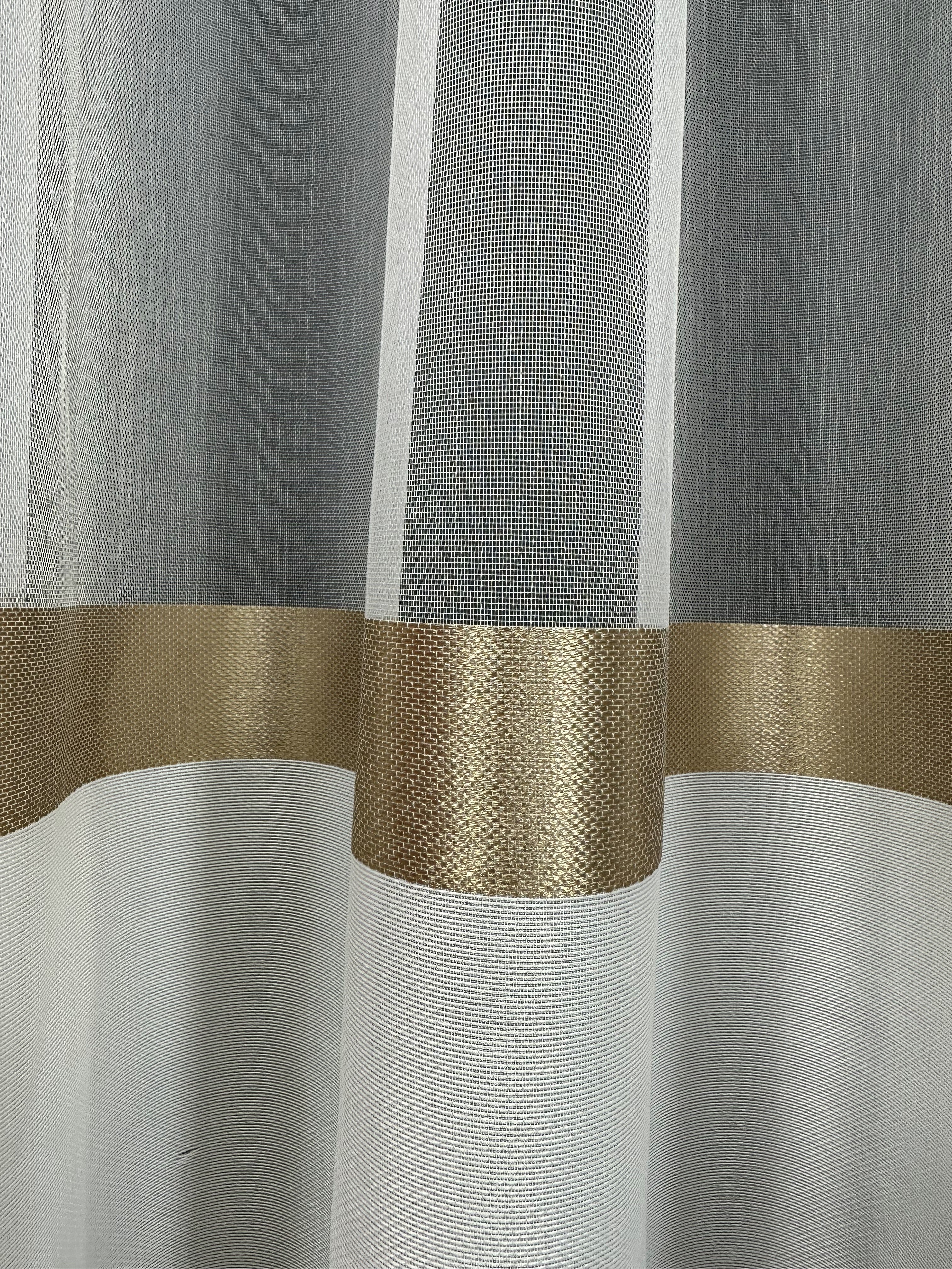 Sheer curtain with stripes and satin inserts, brown color