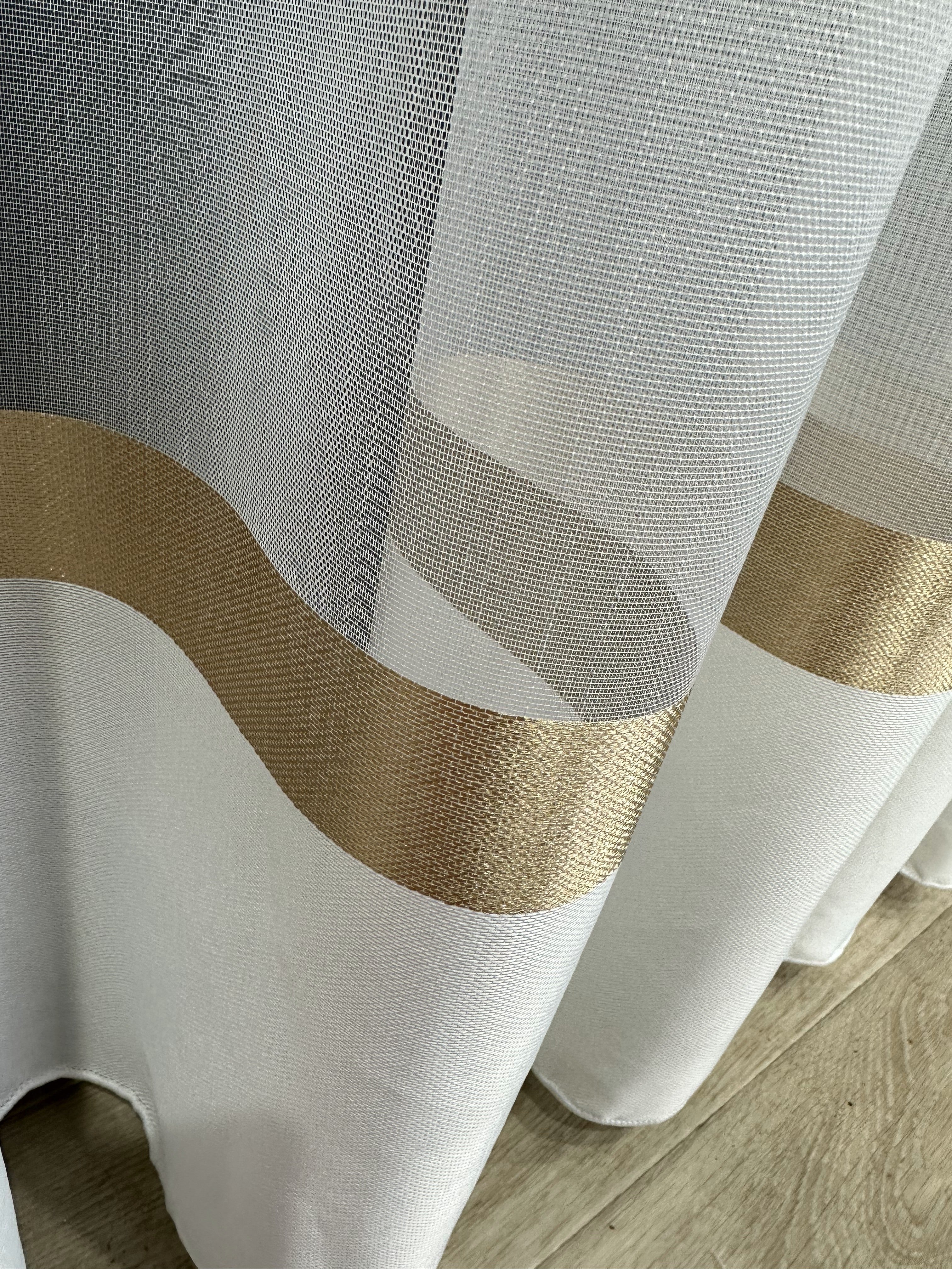 Sheer curtain with stripes and satin inserts, brown color