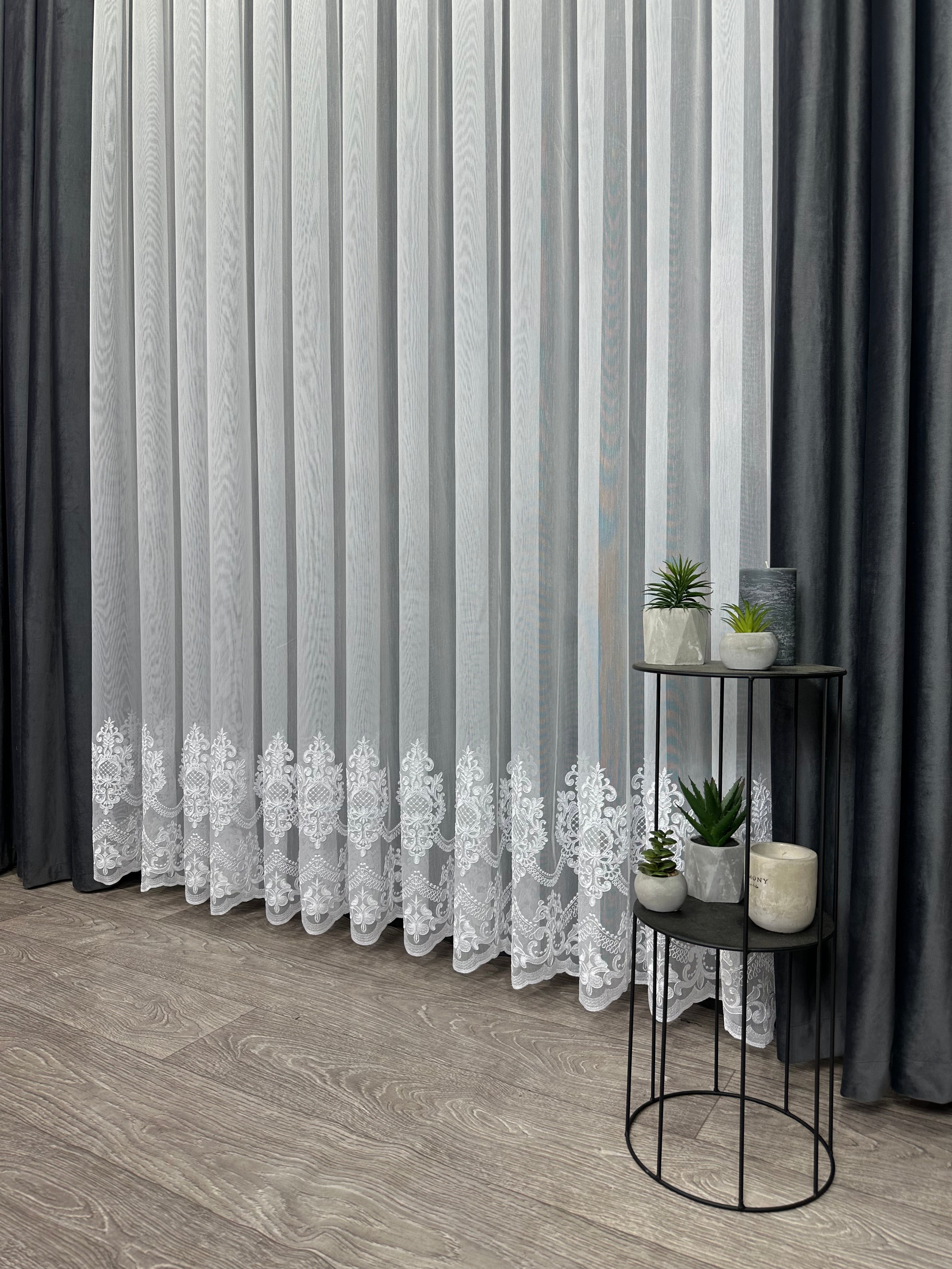 Bamboo-based sheer curtain with corded embroidery, white color