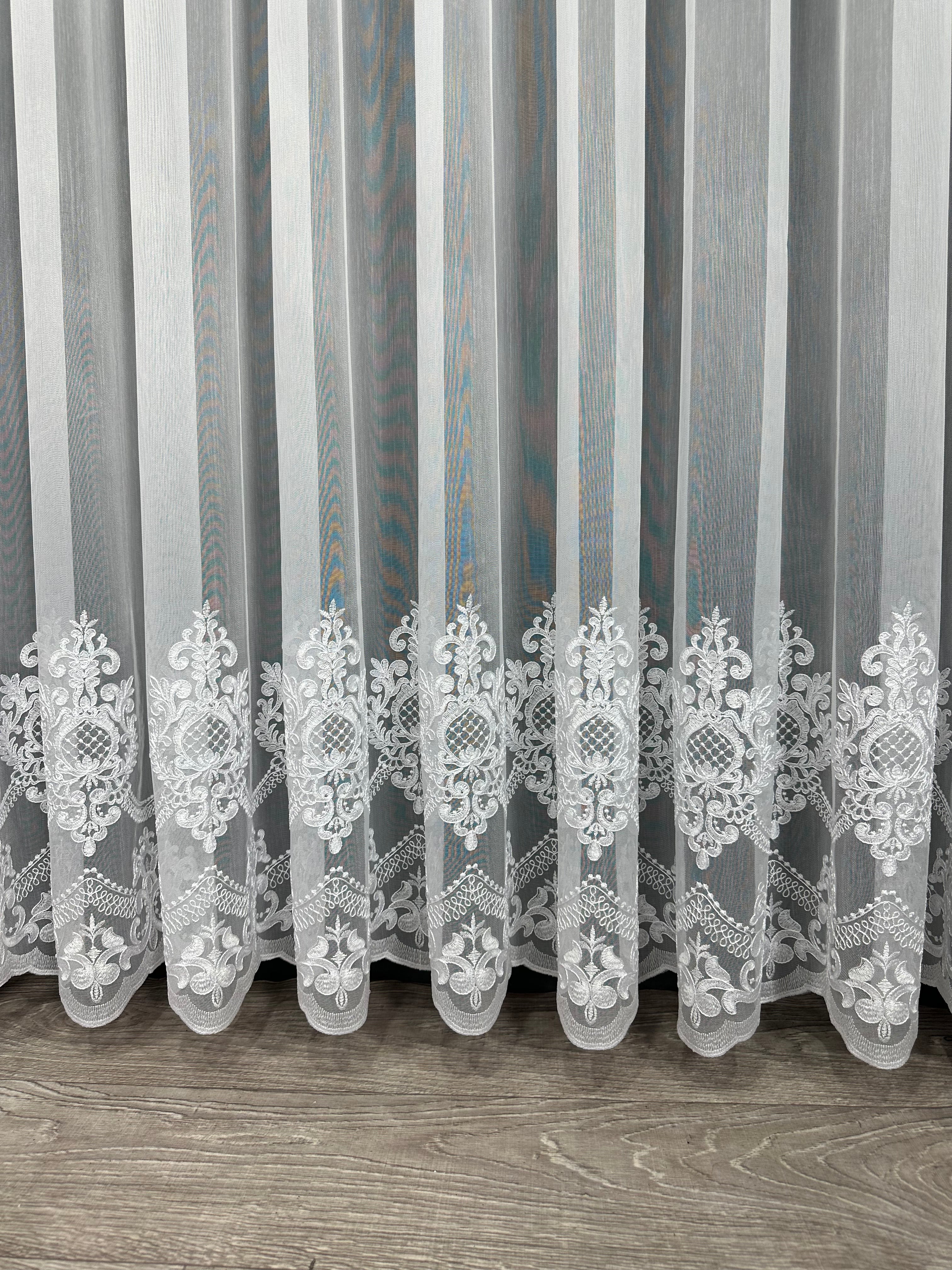 Bamboo-based sheer curtain with corded embroidery, white color