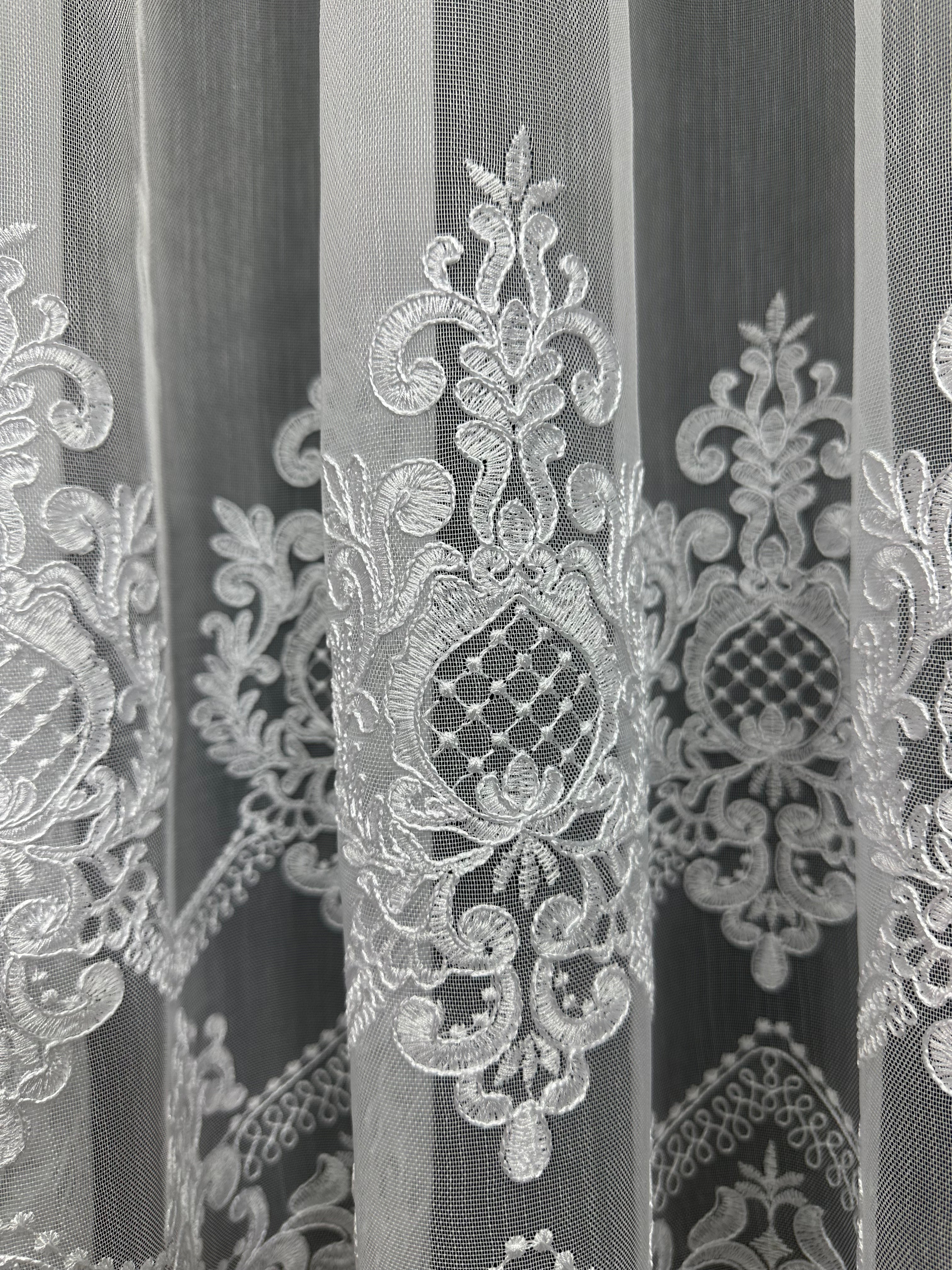 Bamboo-based sheer curtain with corded embroidery, white color