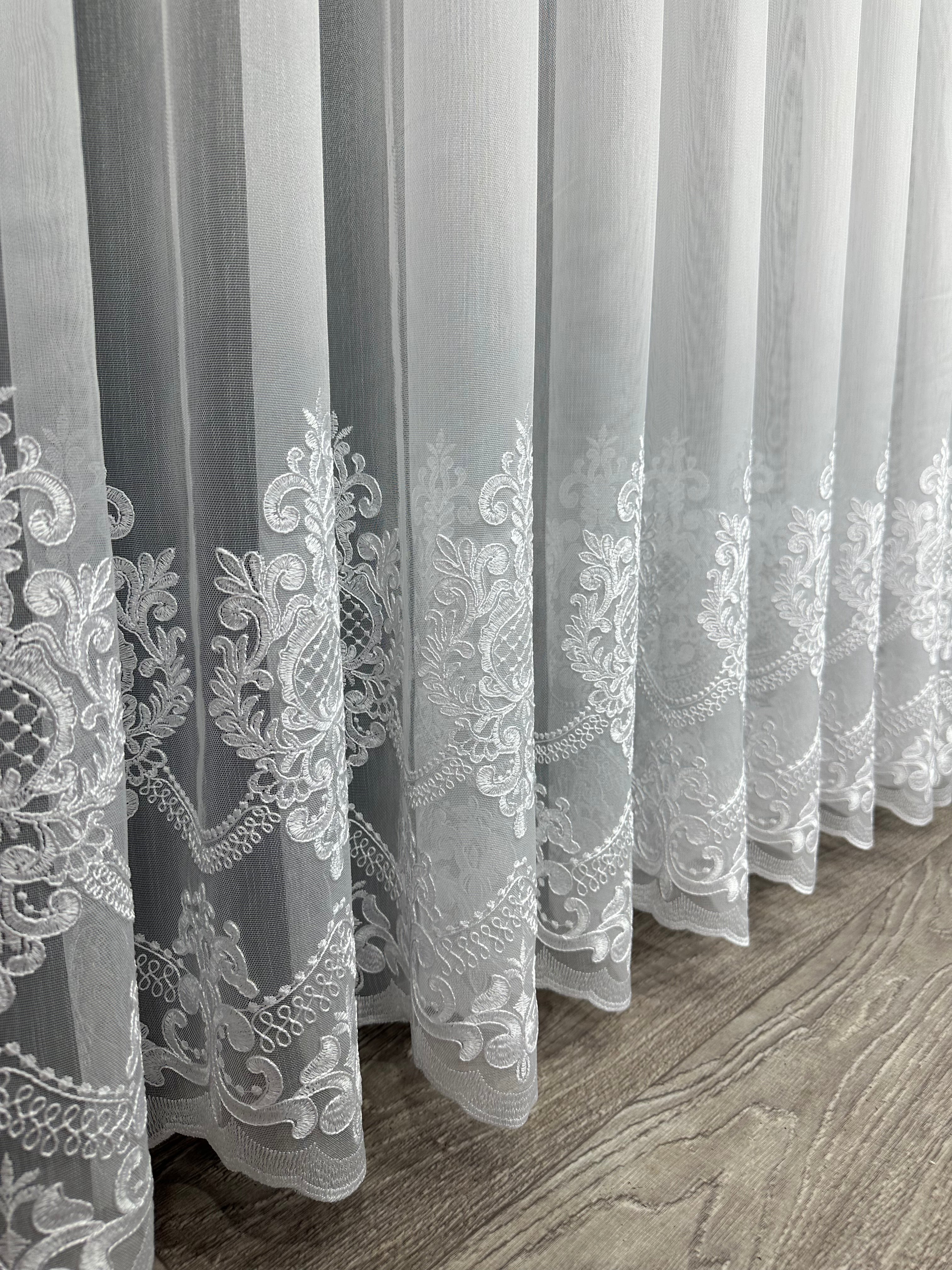 Bamboo-based sheer curtain with corded embroidery, white color