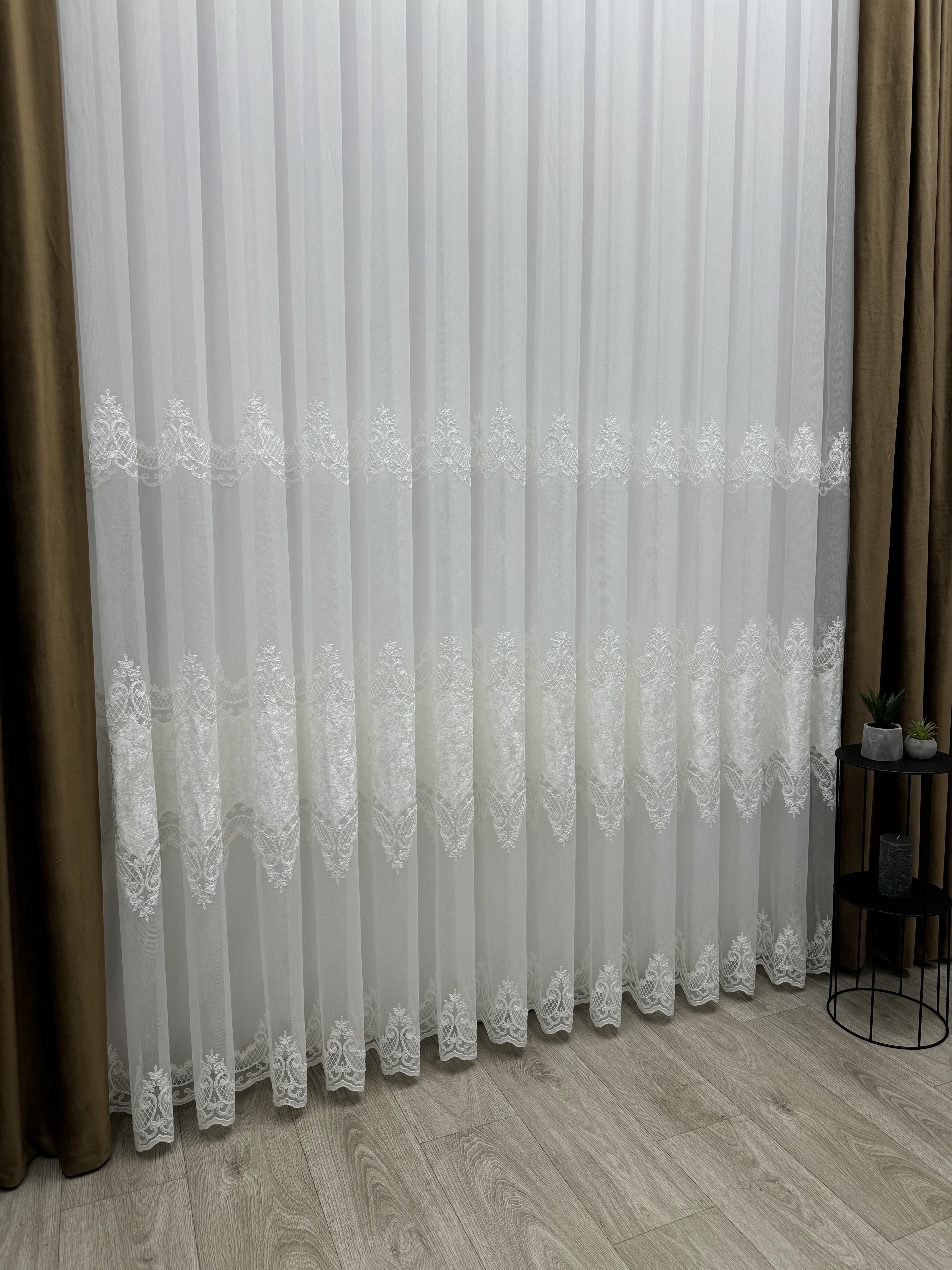 Bamboo-based sheer curtain with velvet inserts, milk color
