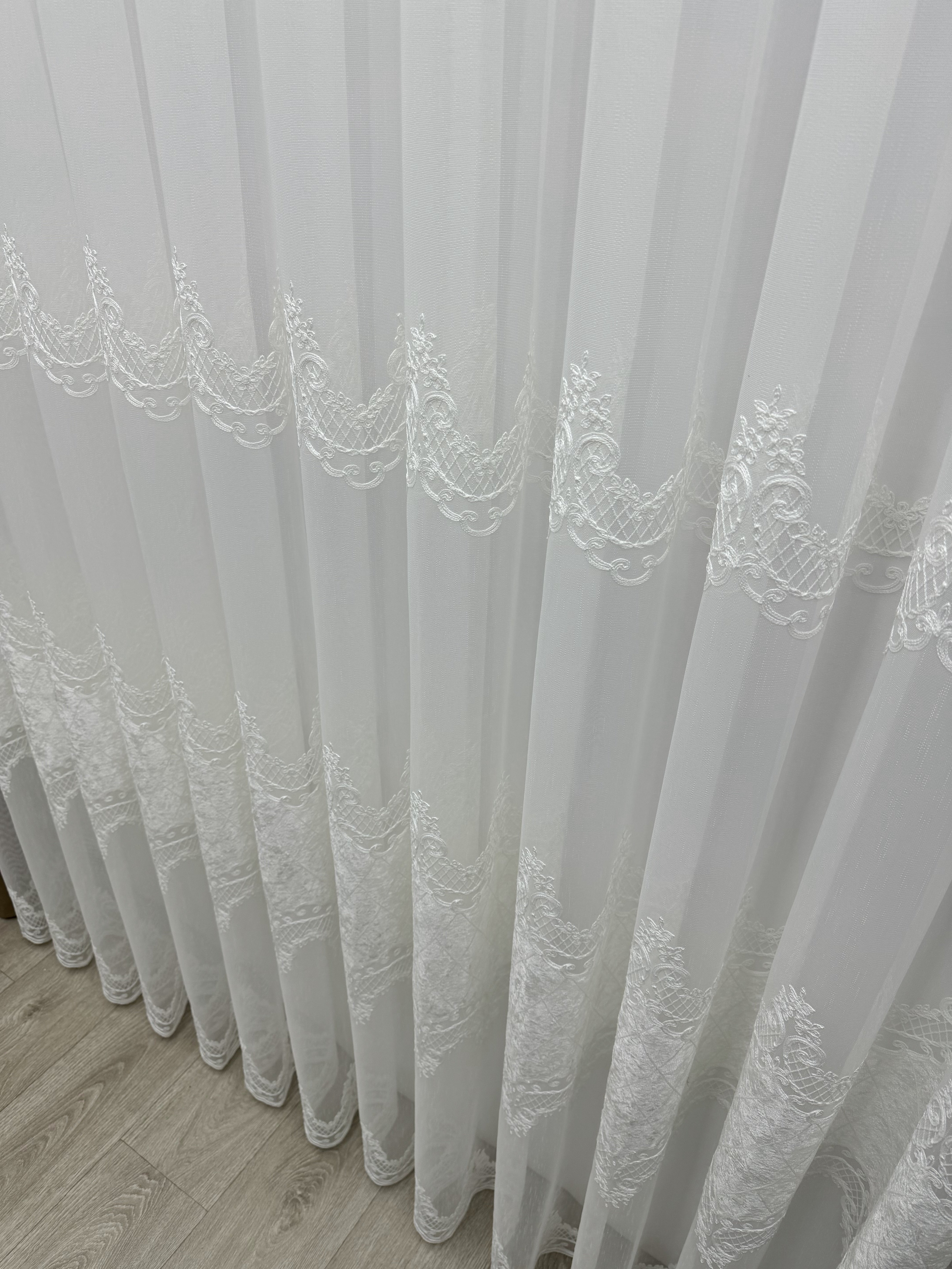 Bamboo-based sheer curtain with velvet inserts, milk color