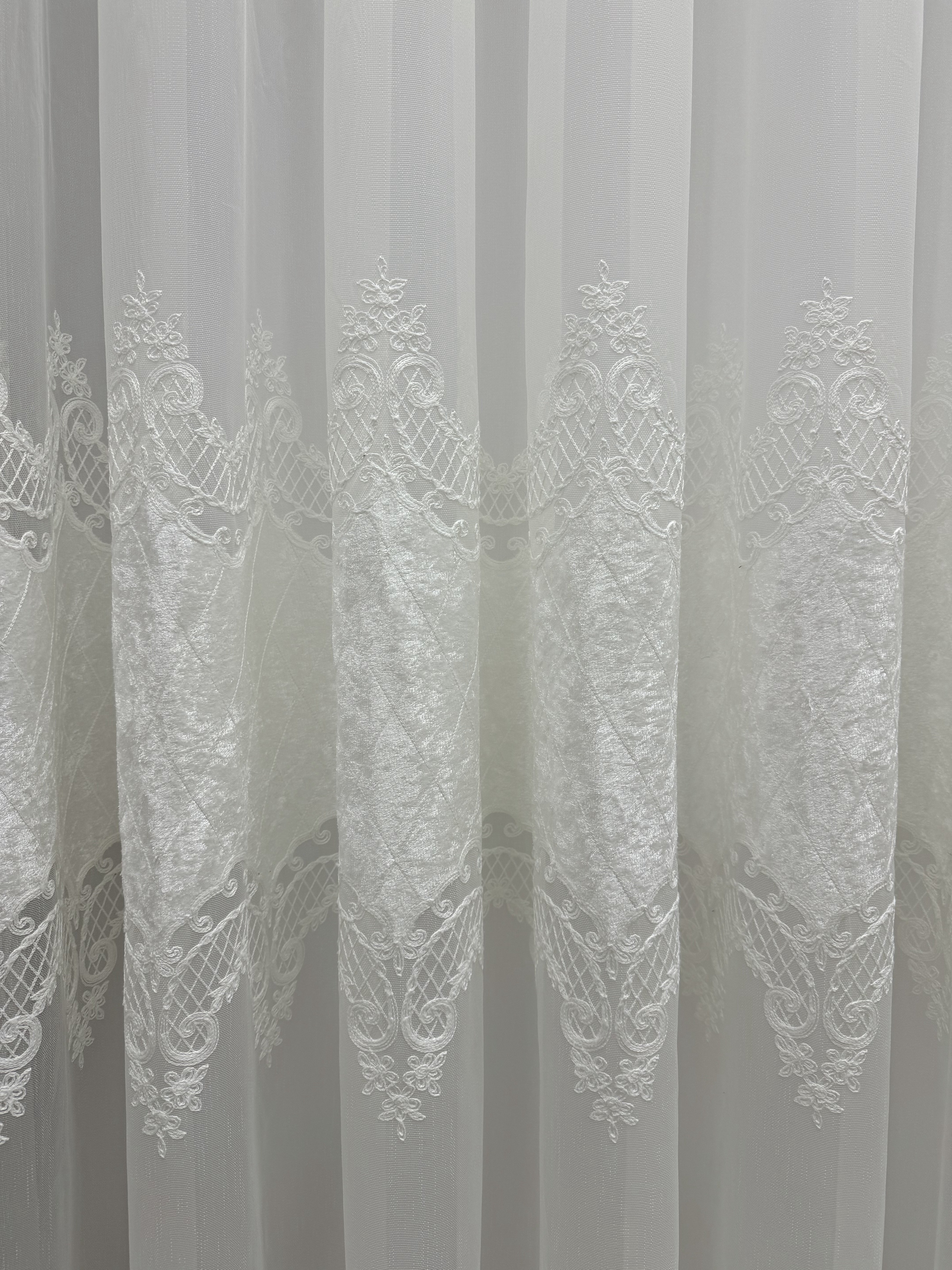 Bamboo-based sheer curtain with velvet inserts, milk color