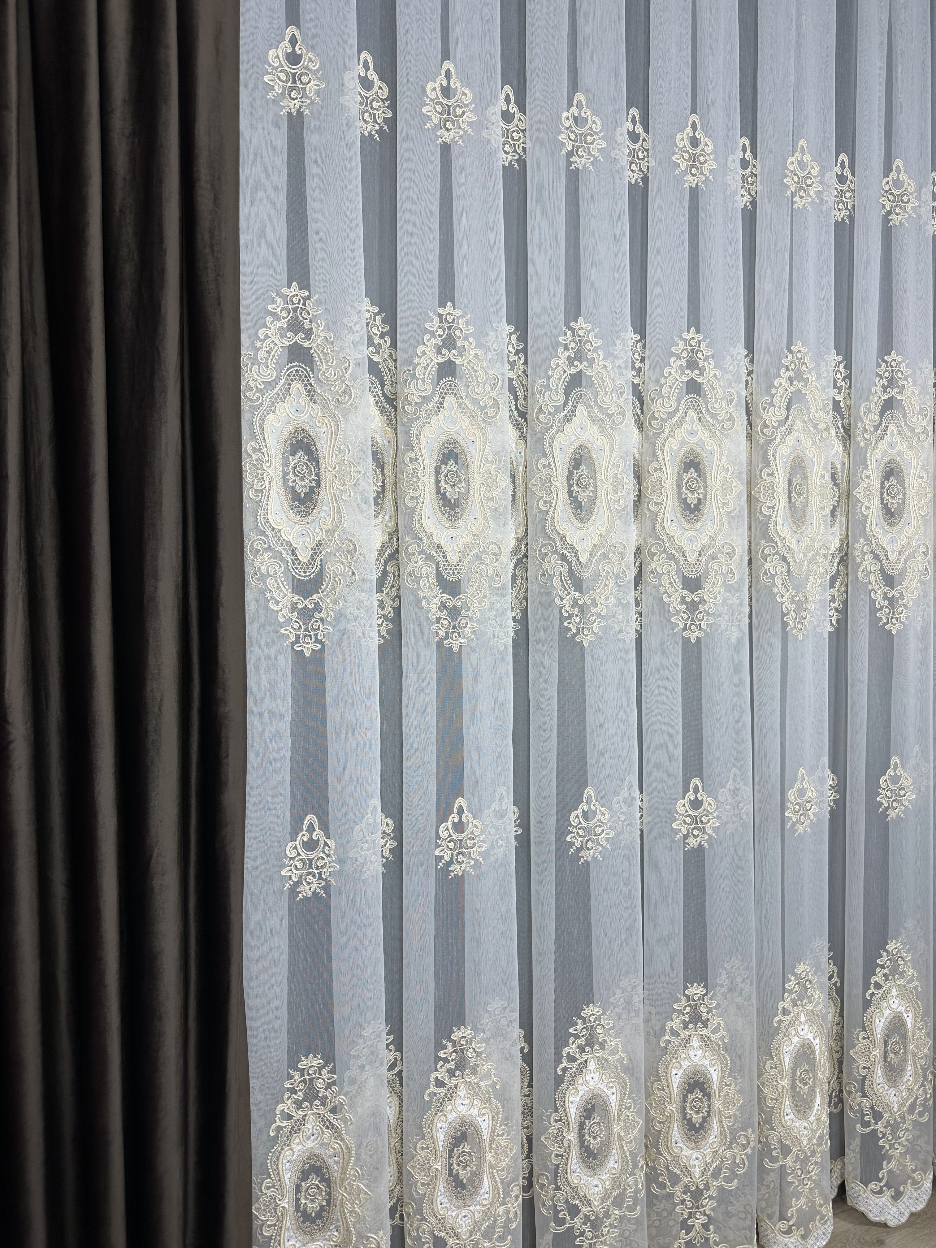 Sheer curtain with velvet inserts, stones and elegant embroidery, milk with gold color