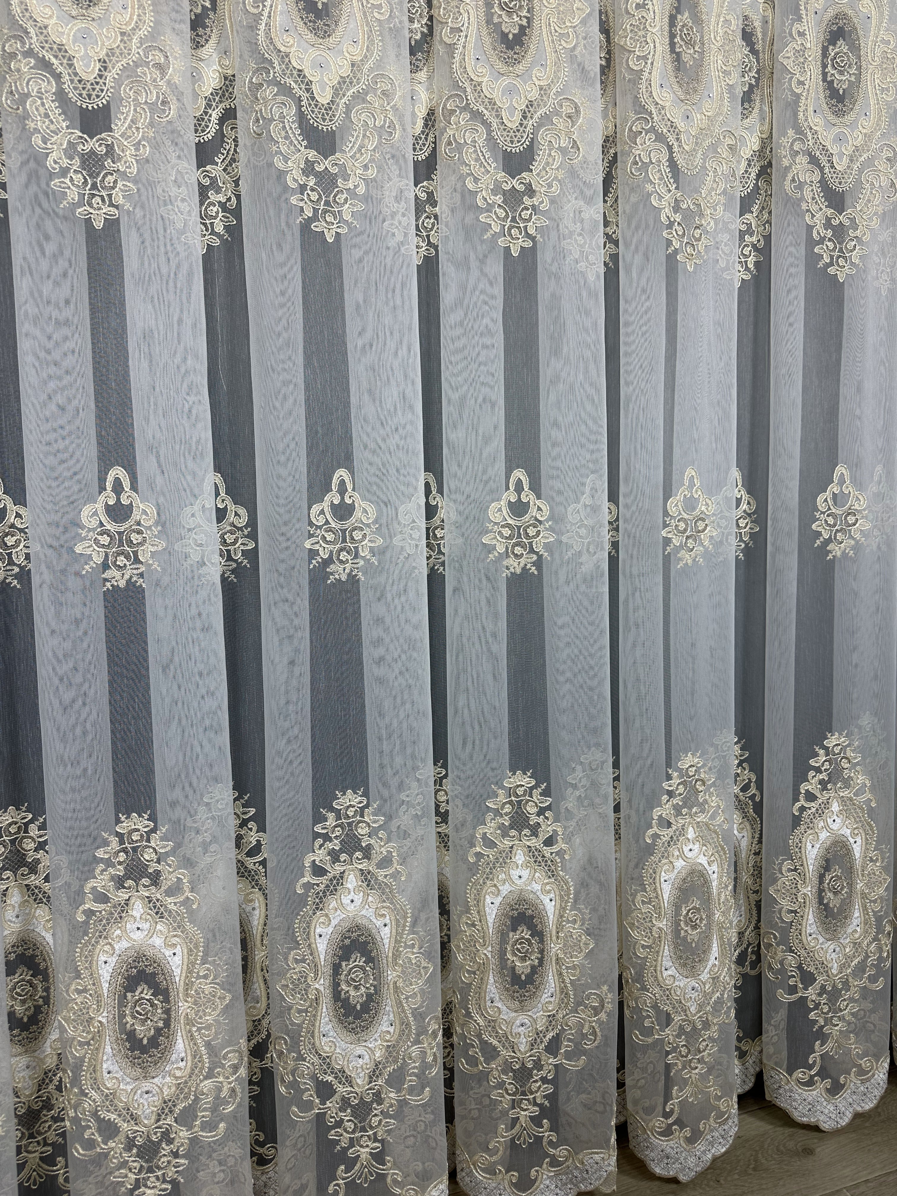 Sheer curtain with velvet inserts, stones and elegant embroidery, milk with gold color