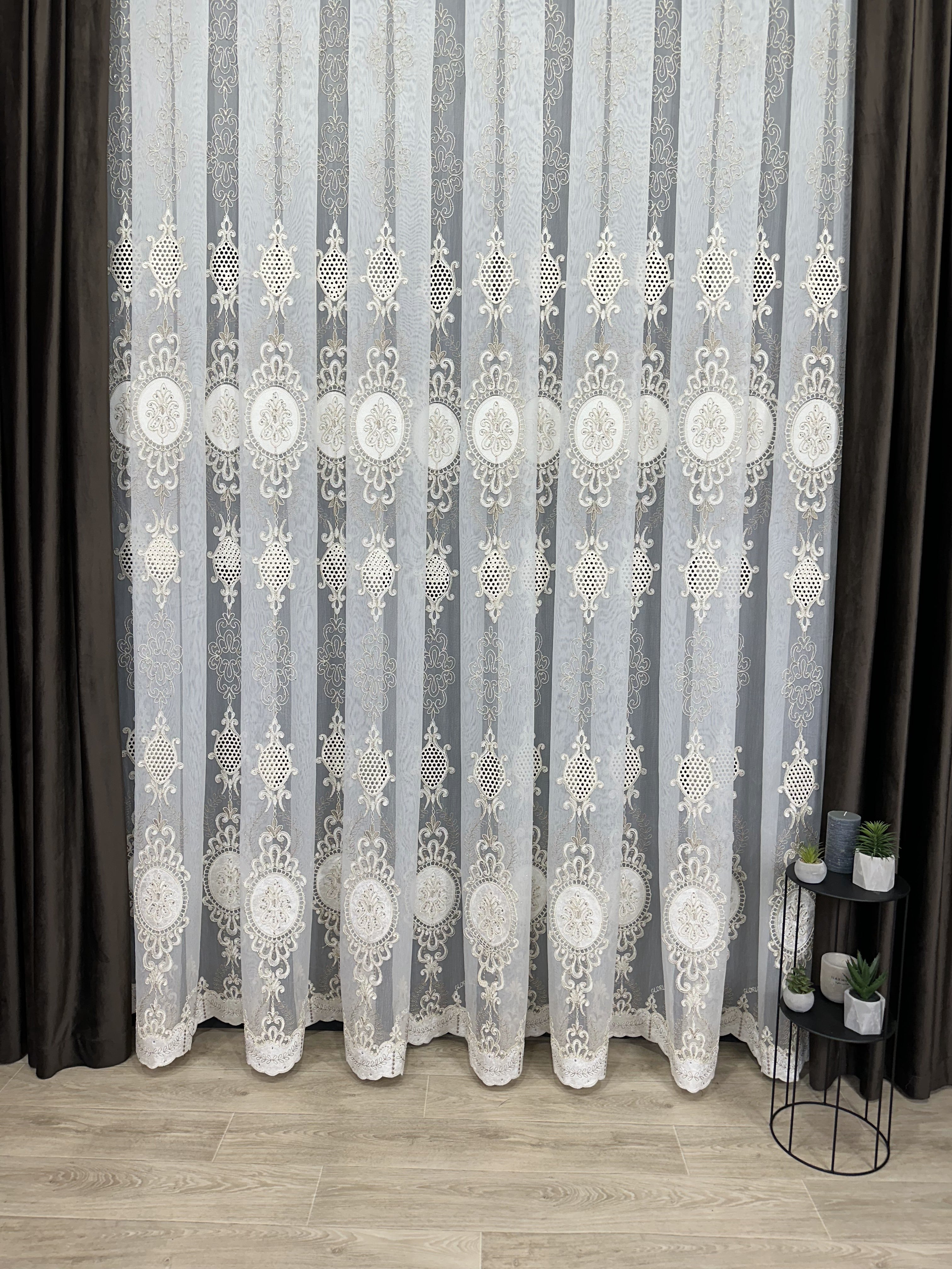 Sheer curtain with velvet inserts, stones and elegant embroidery, milk with gold color