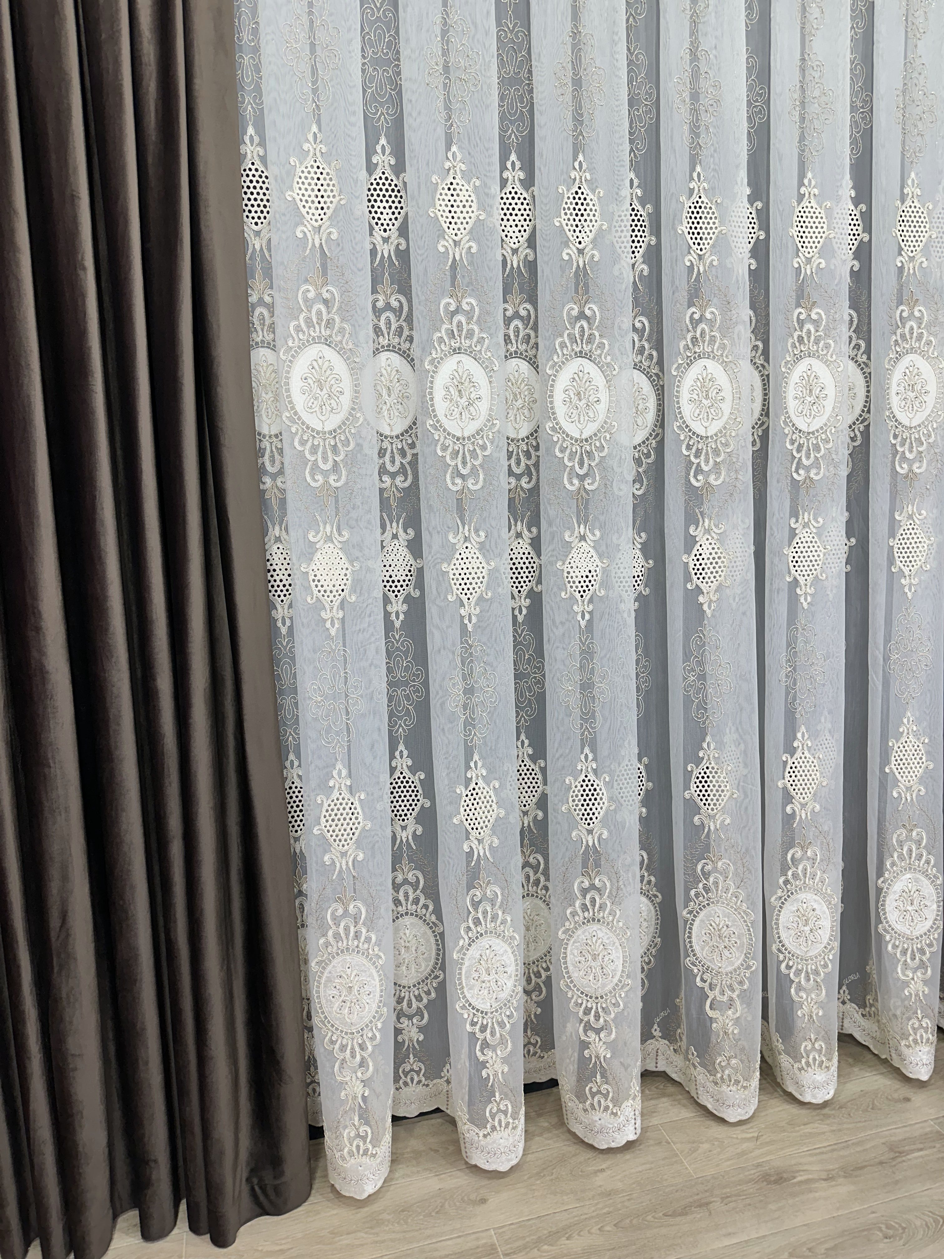 Sheer curtain with velvet inserts, stones and elegant embroidery, milk with gold color