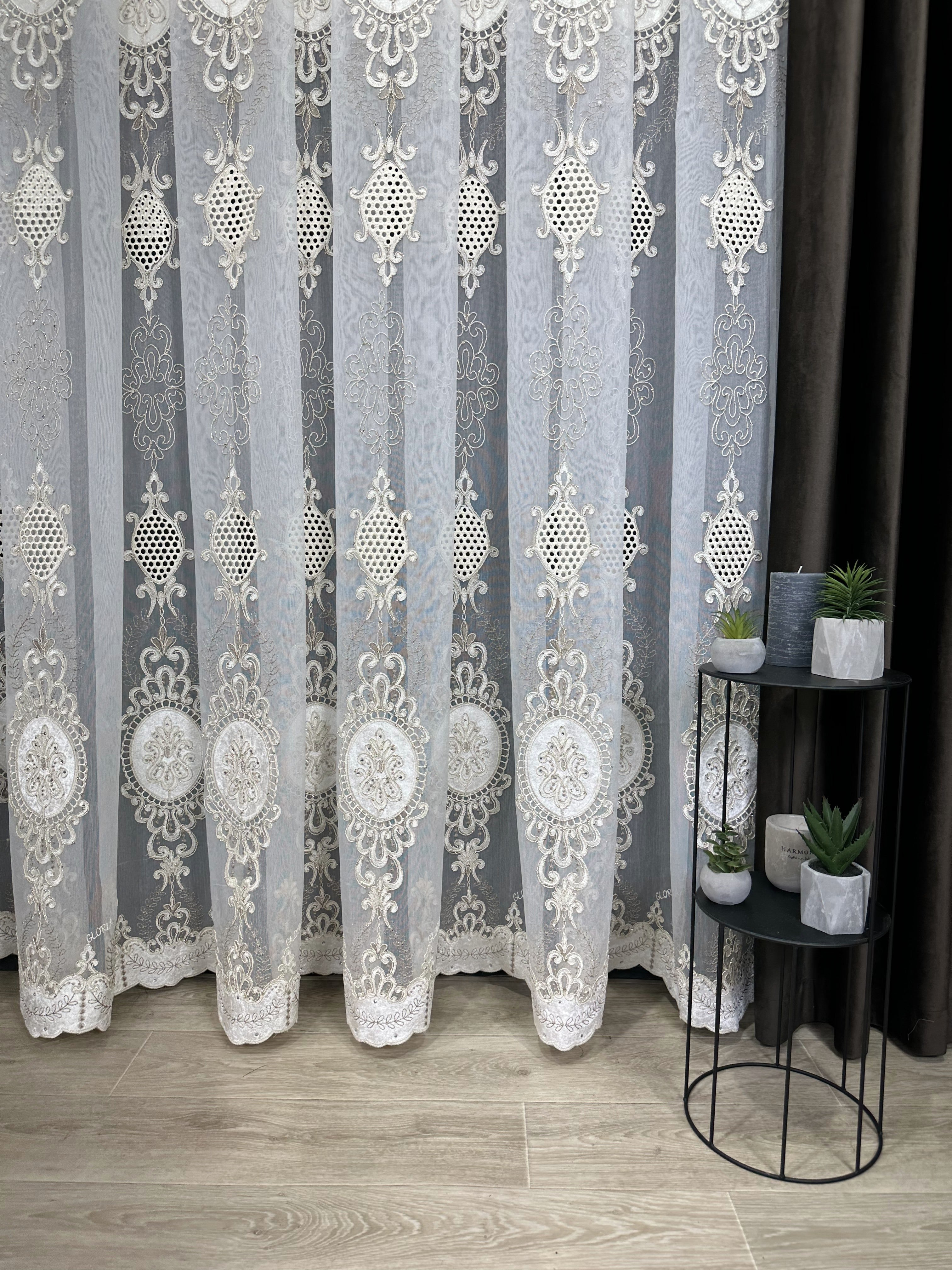 Sheer curtain with velvet inserts, stones and elegant embroidery, milk with gold color