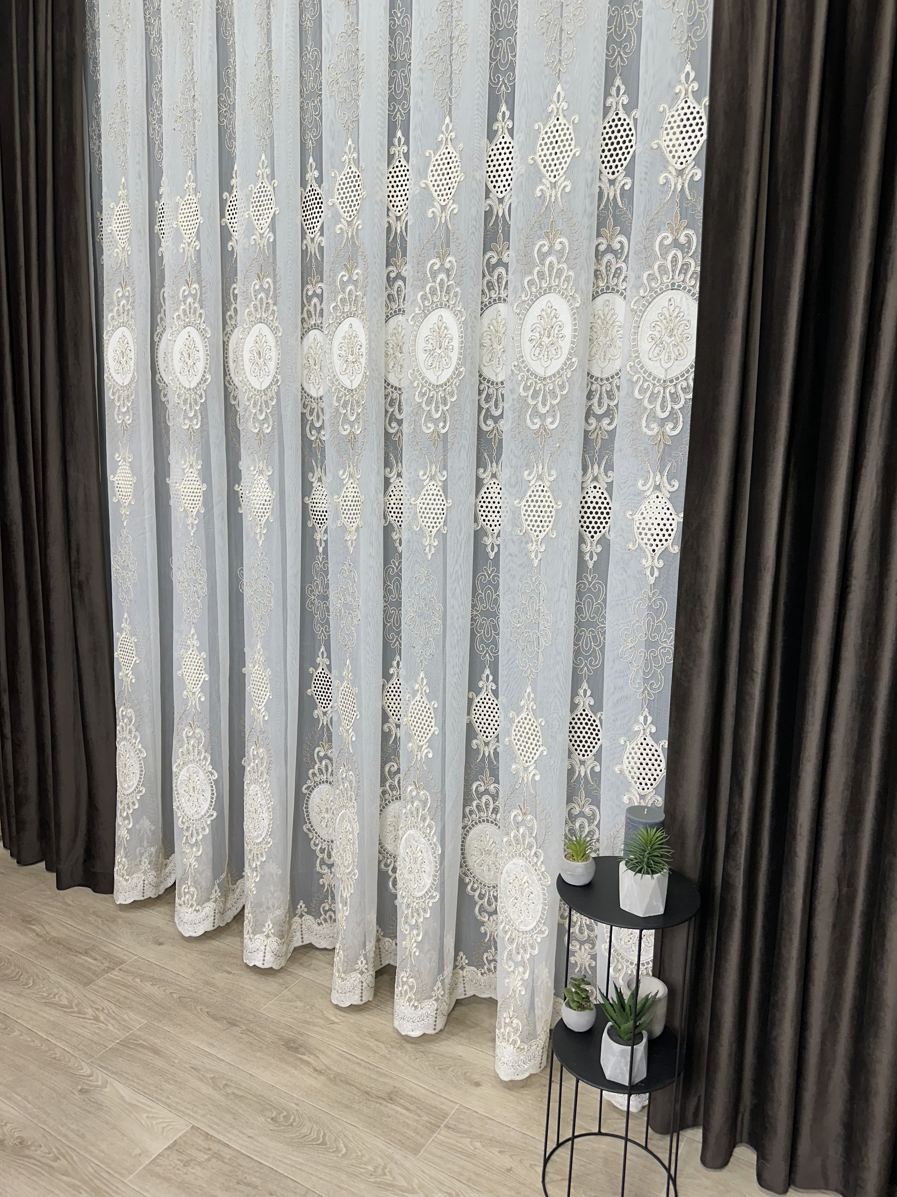 Sheer curtain with velvet inserts, stones and elegant embroidery, milk with gold color