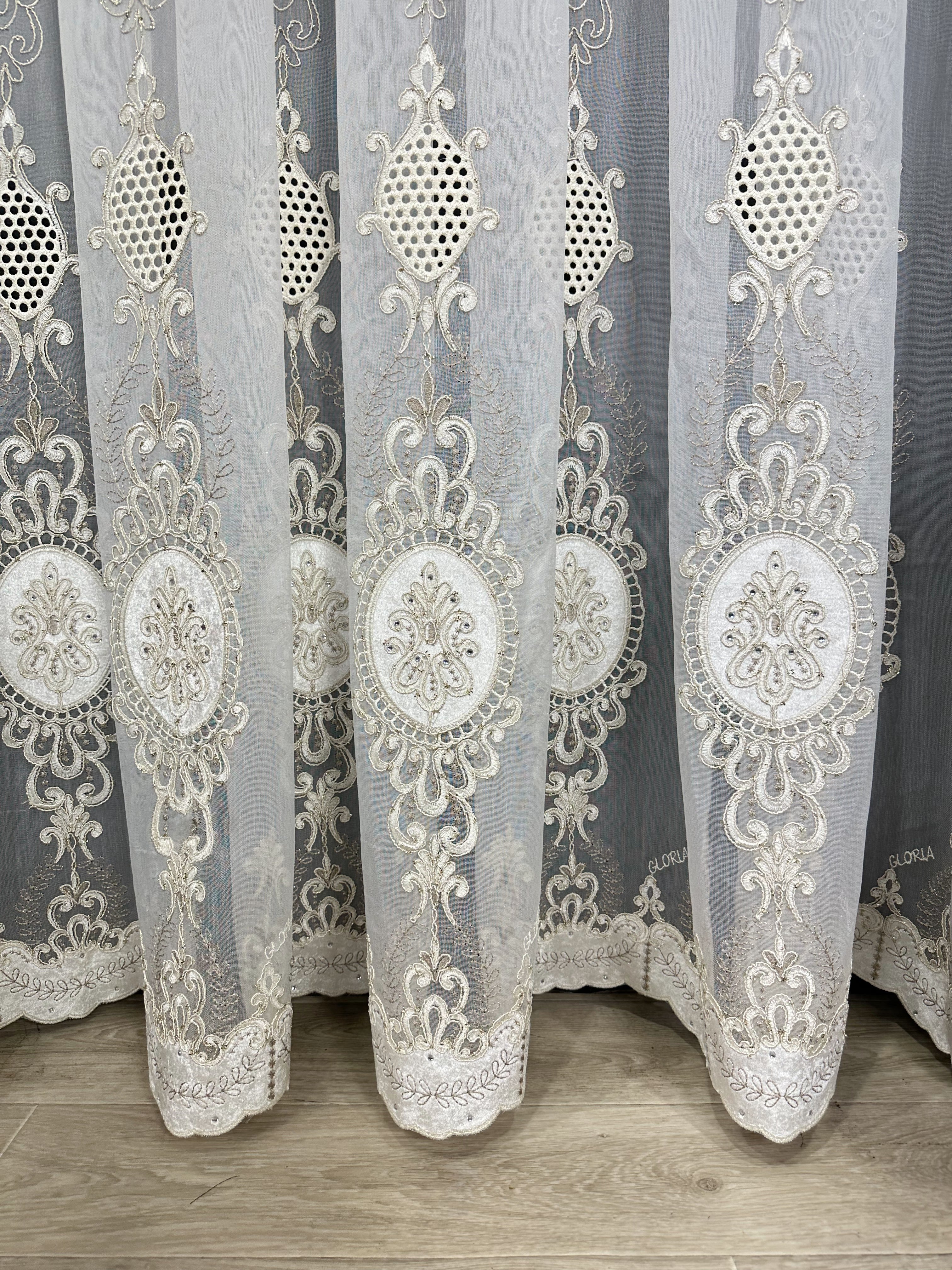 Sheer curtain with velvet inserts, stones and elegant embroidery, milk with gold color