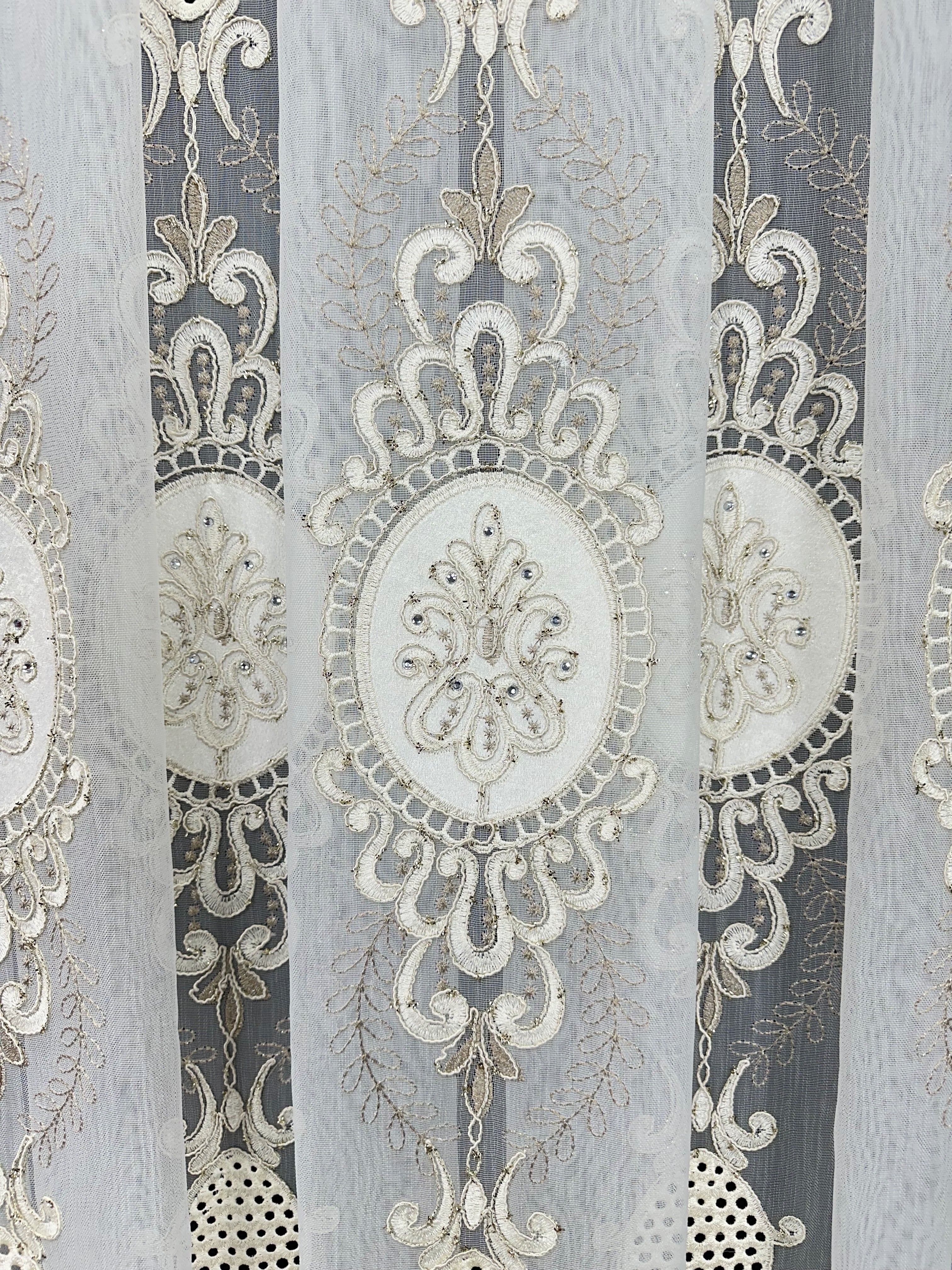 Sheer curtain with velvet inserts, stones and elegant embroidery, milk with gold color