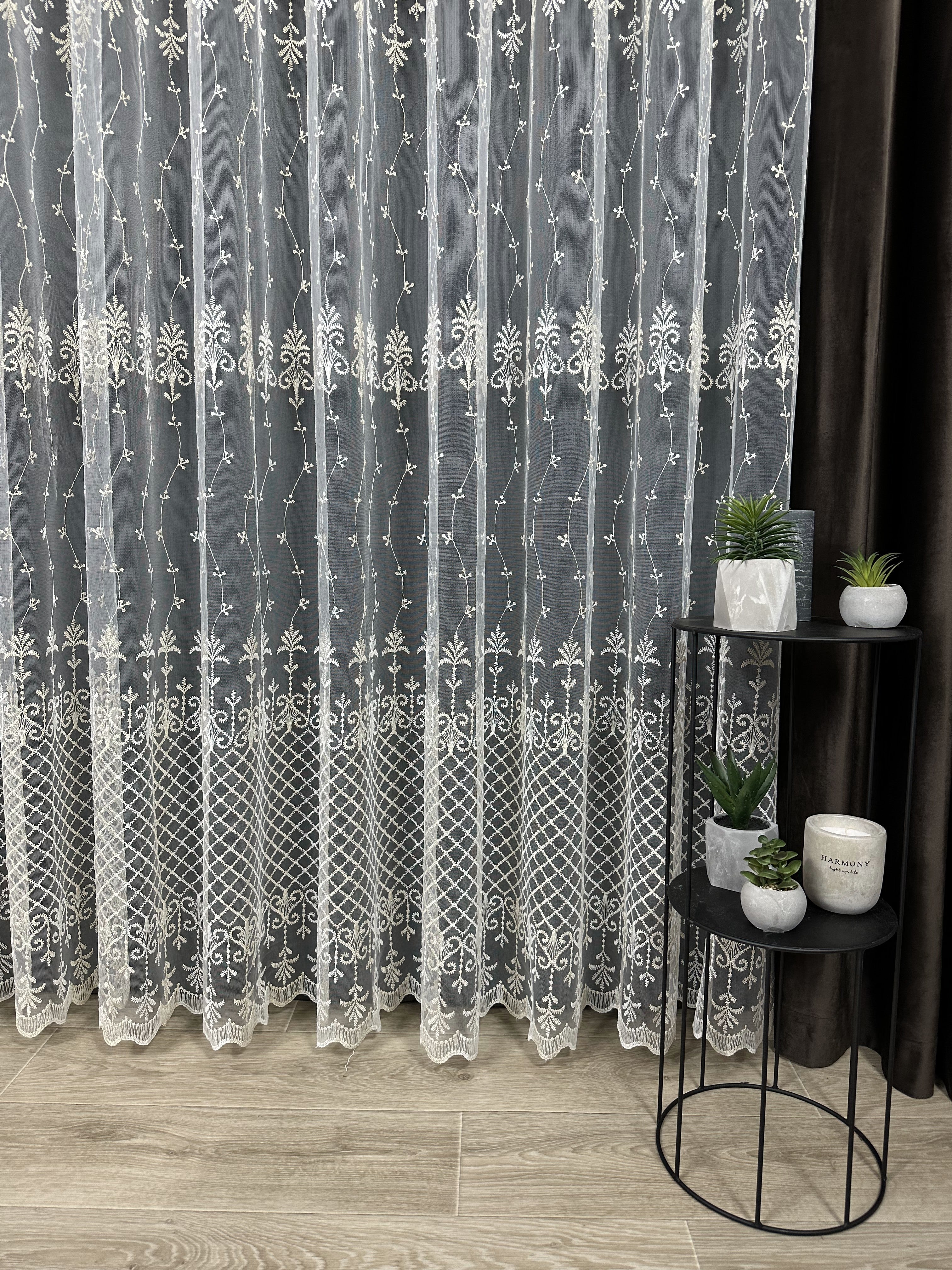 Sheer curtain with beautiful embroidery, milk with gold color