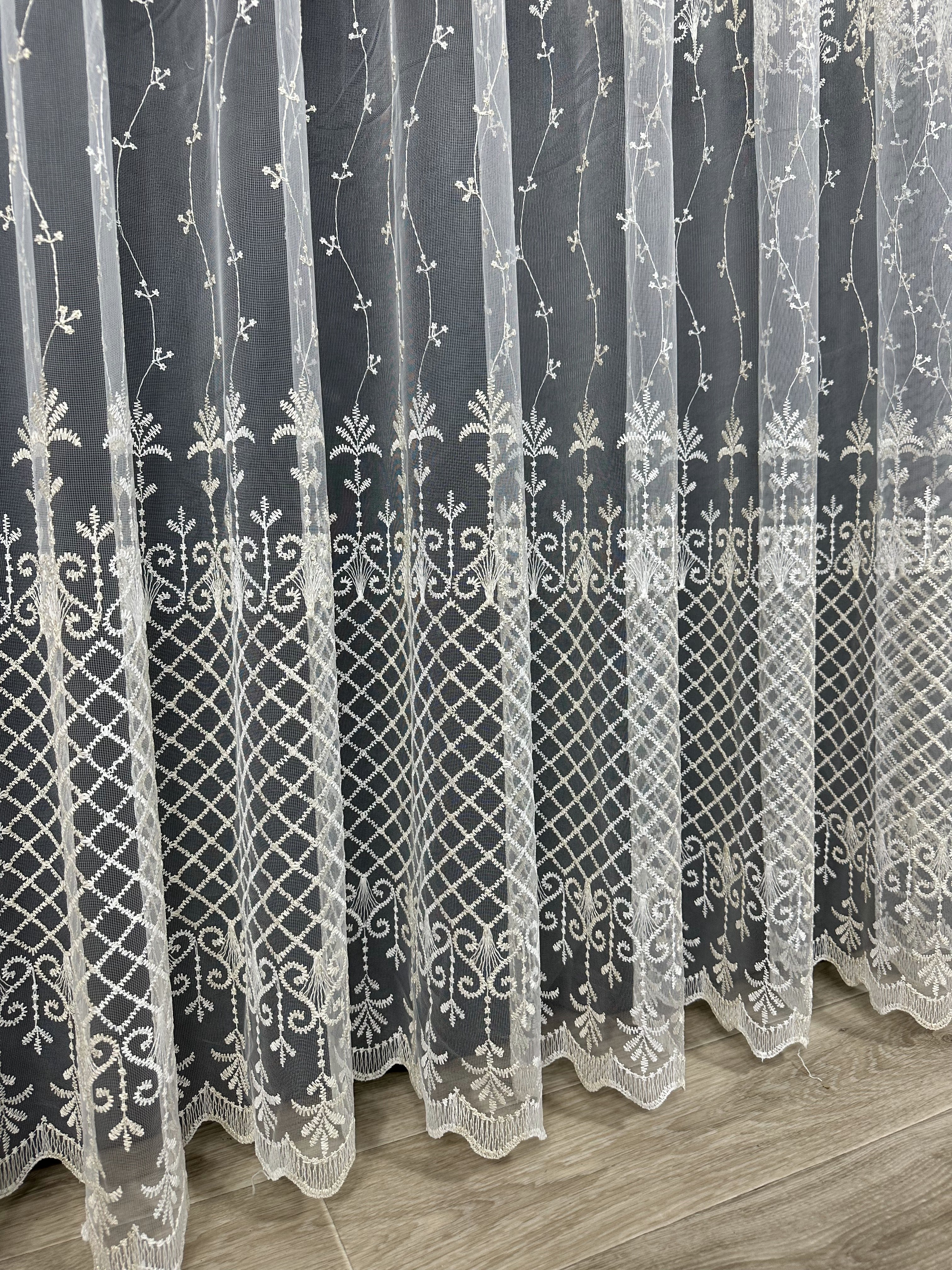 Sheer curtain with beautiful embroidery, milk with gold color