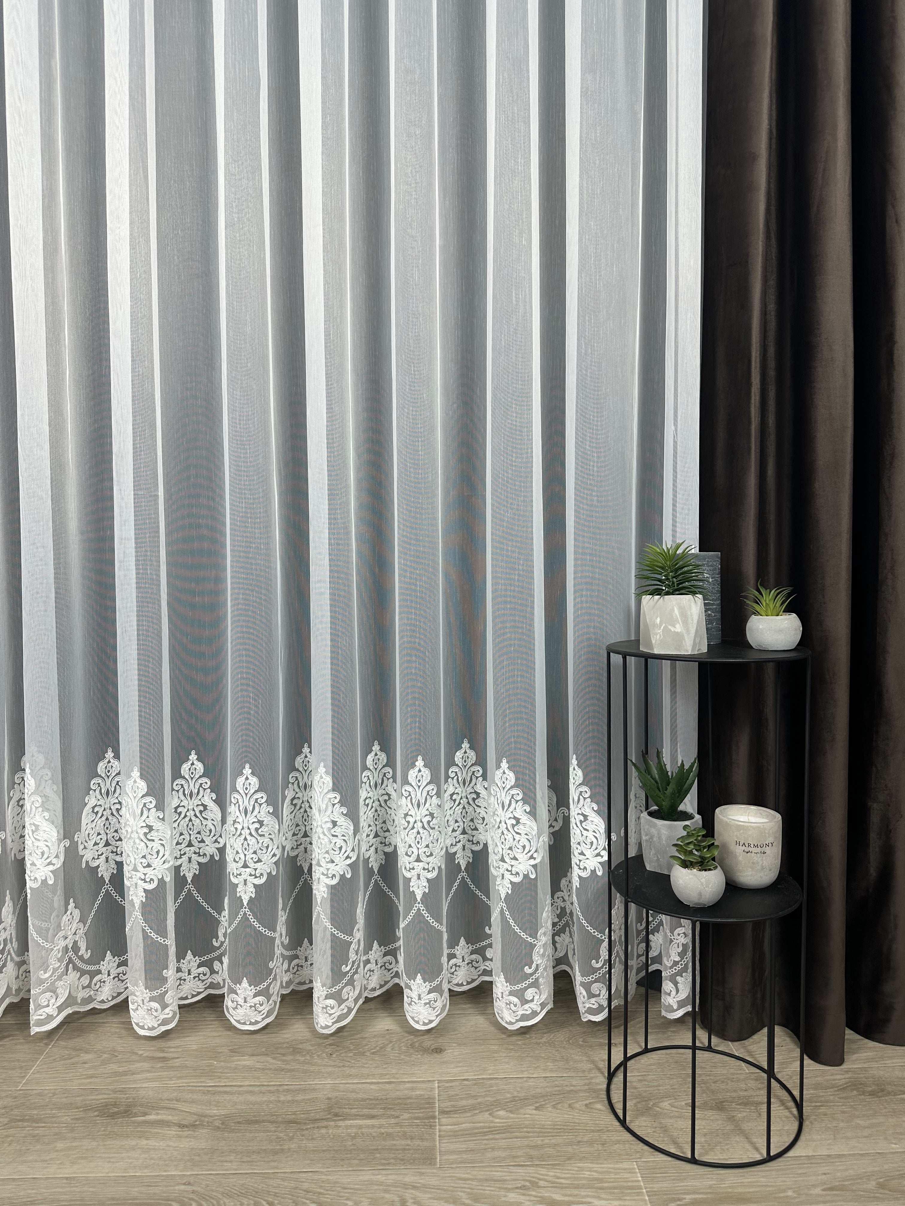 Sheer curtain with chenille embroidery on the bottom , milk color