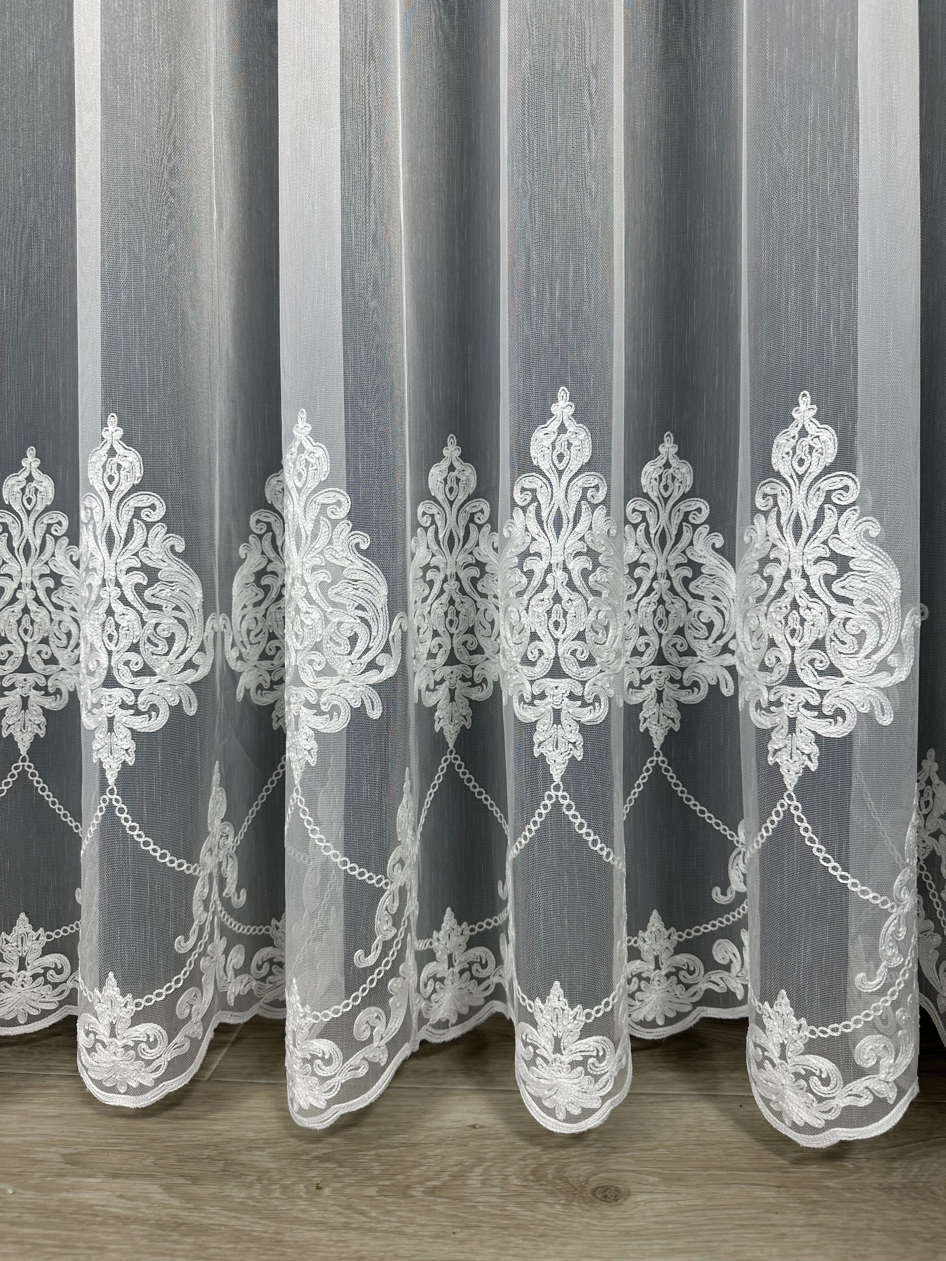 Sheer curtain with chenille embroidery on the bottom , milk color