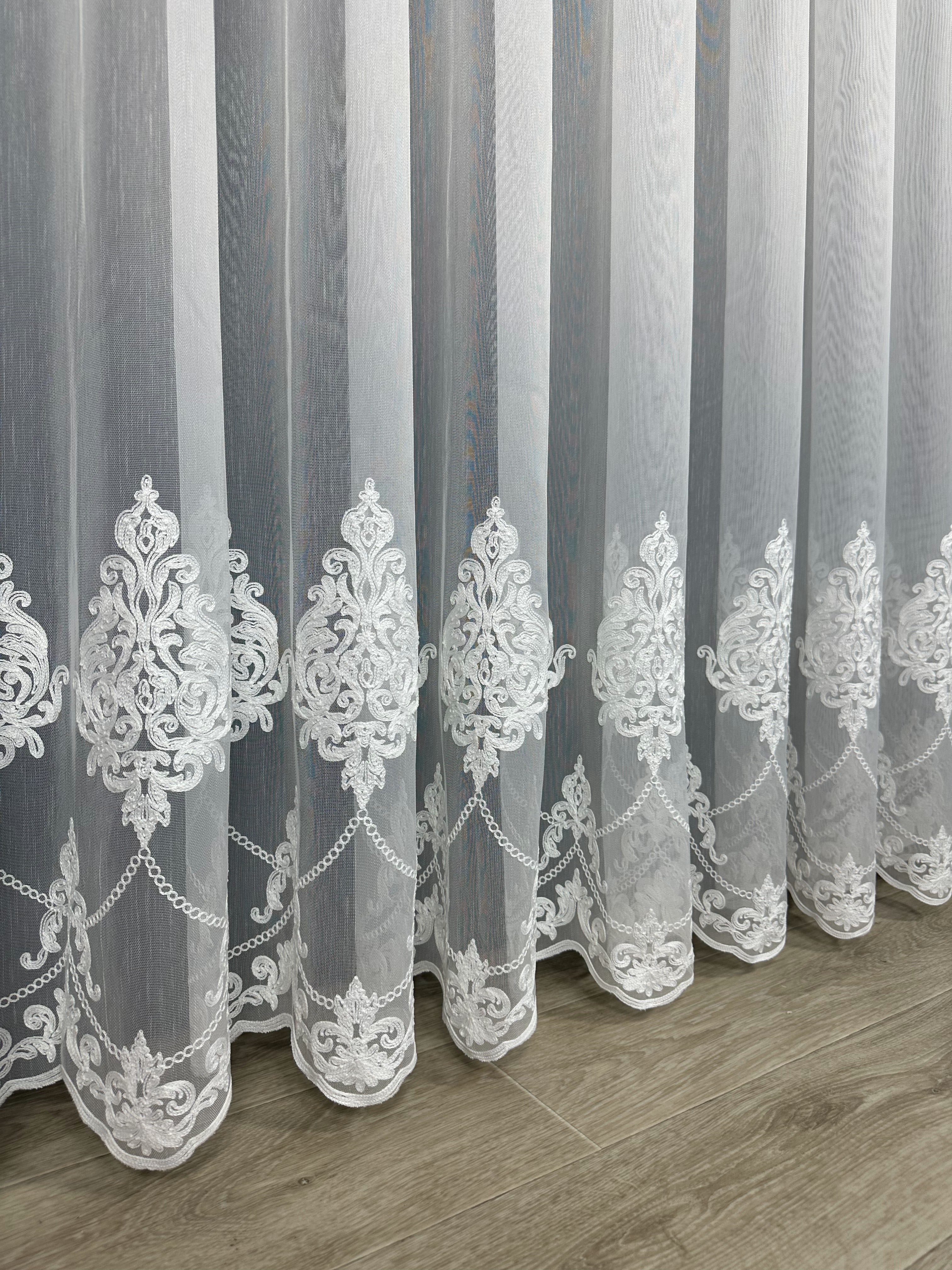 Sheer curtain with chenille embroidery on the bottom , milk color