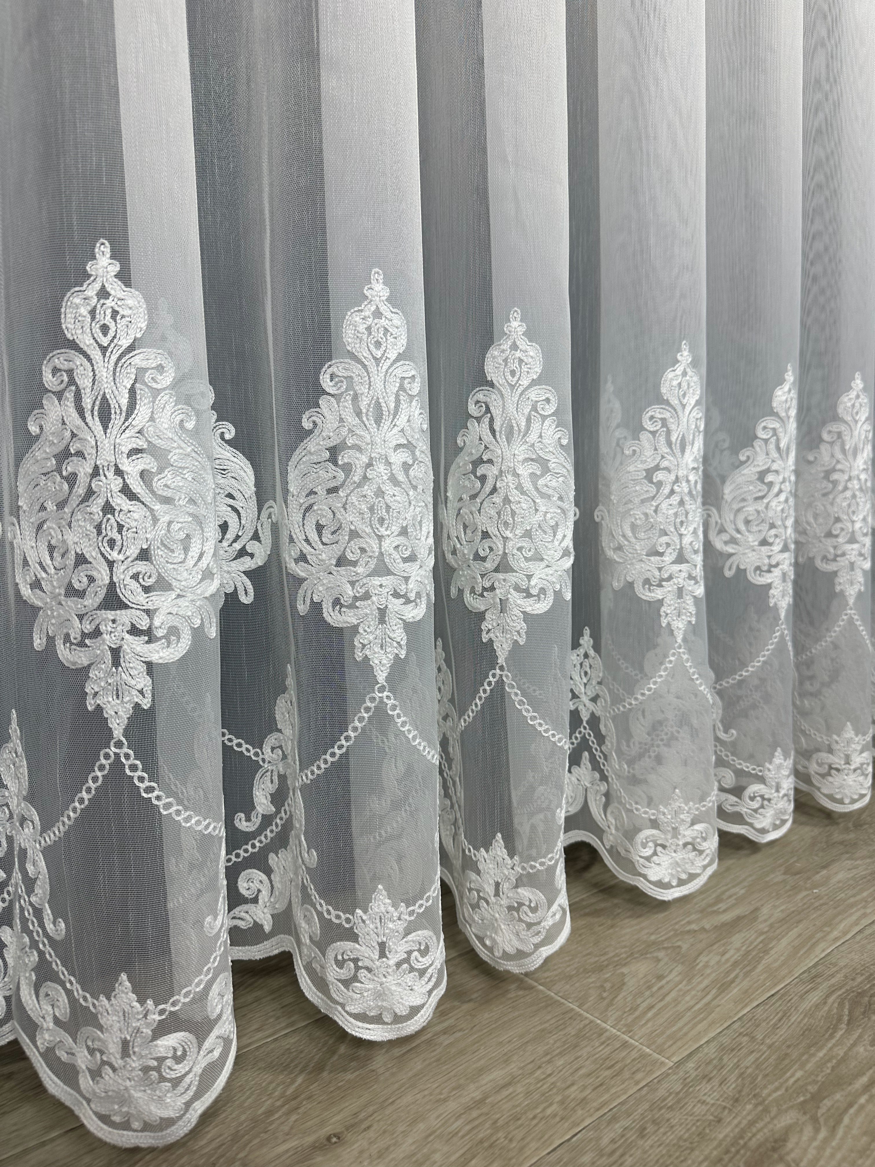 Sheer curtain with chenille embroidery on the bottom , milk color