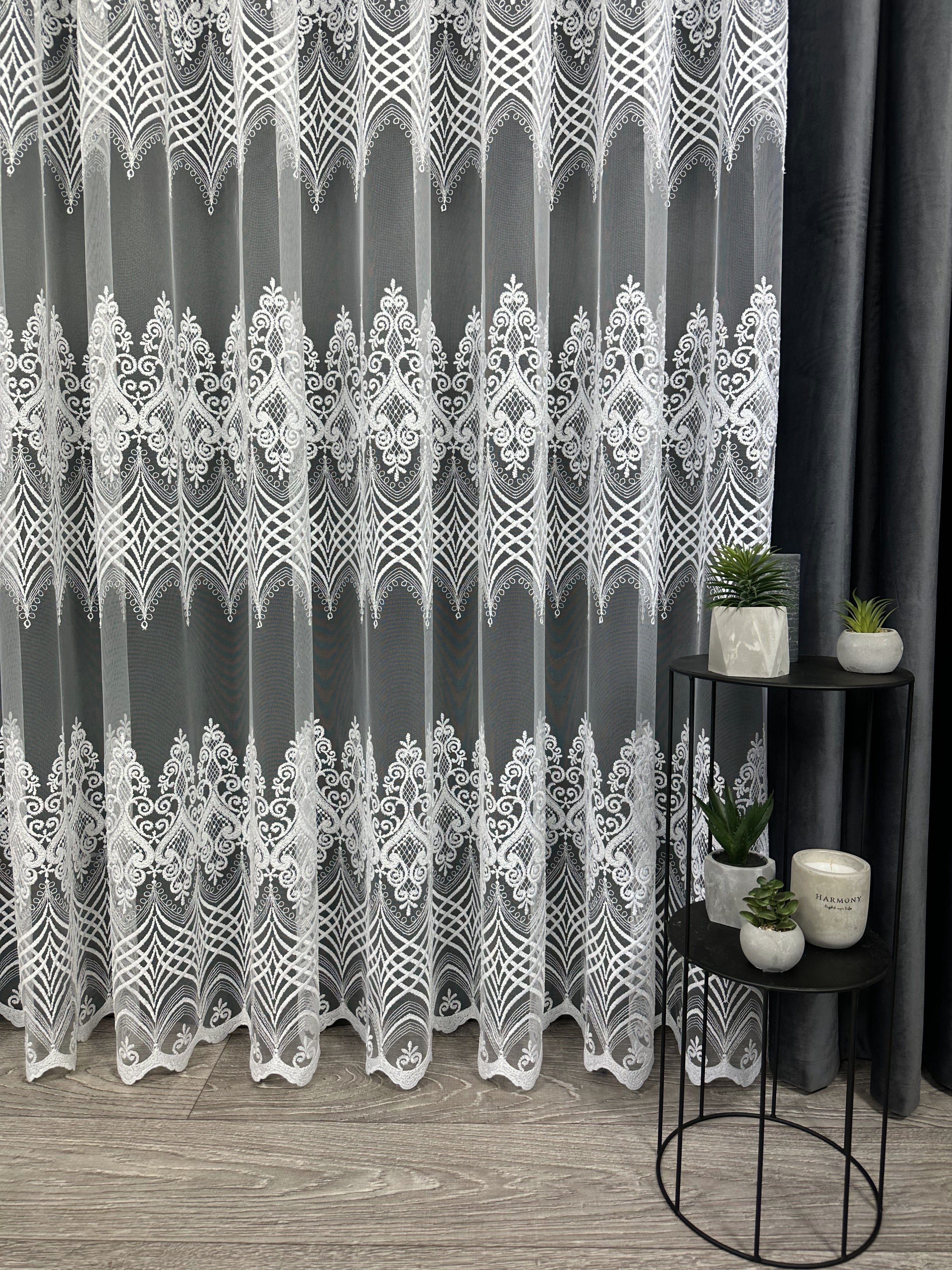 Sheer curtain with beautiful embroidery, white color