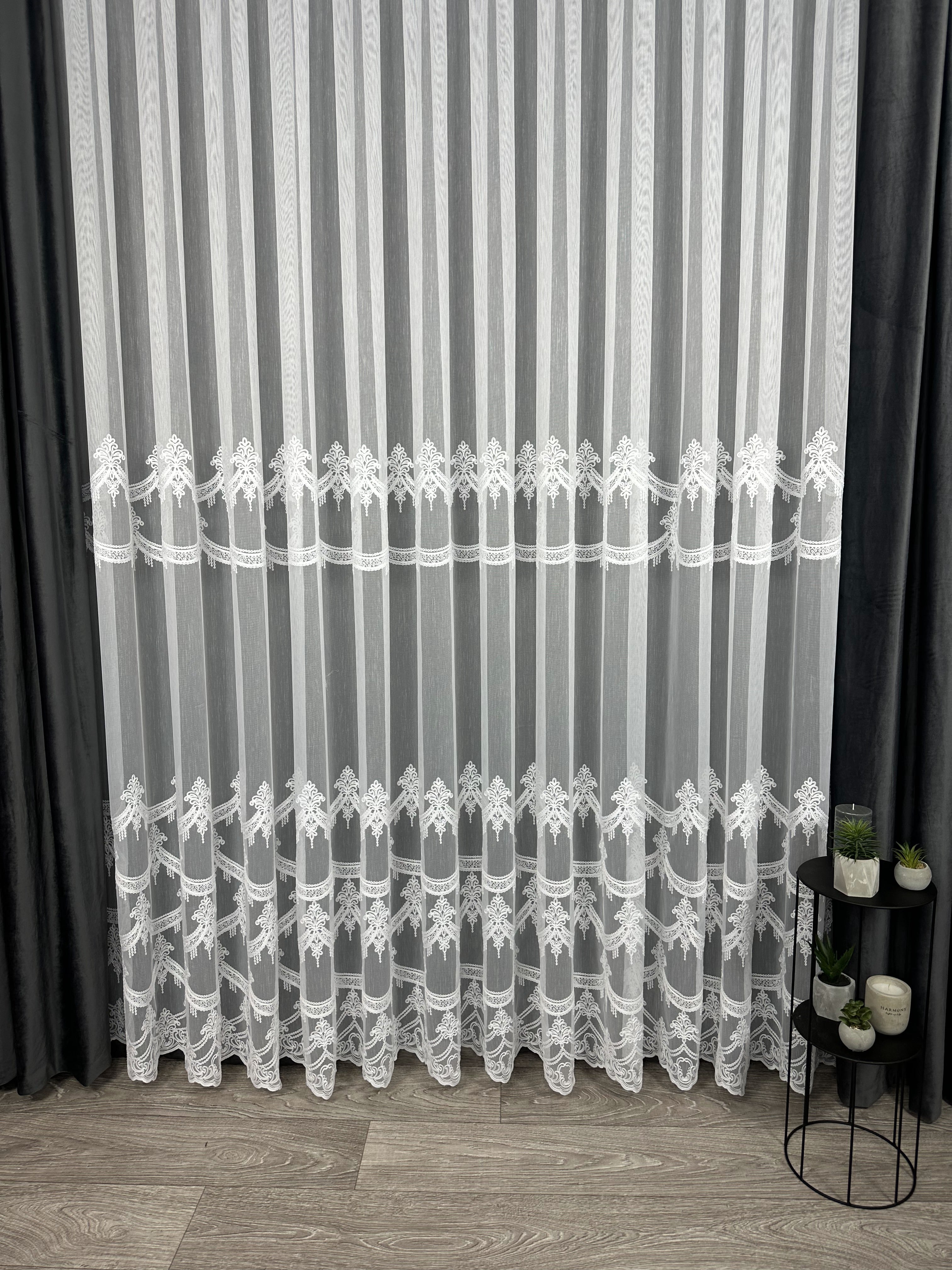 Sheer curtain with beautiful embroidery, white color