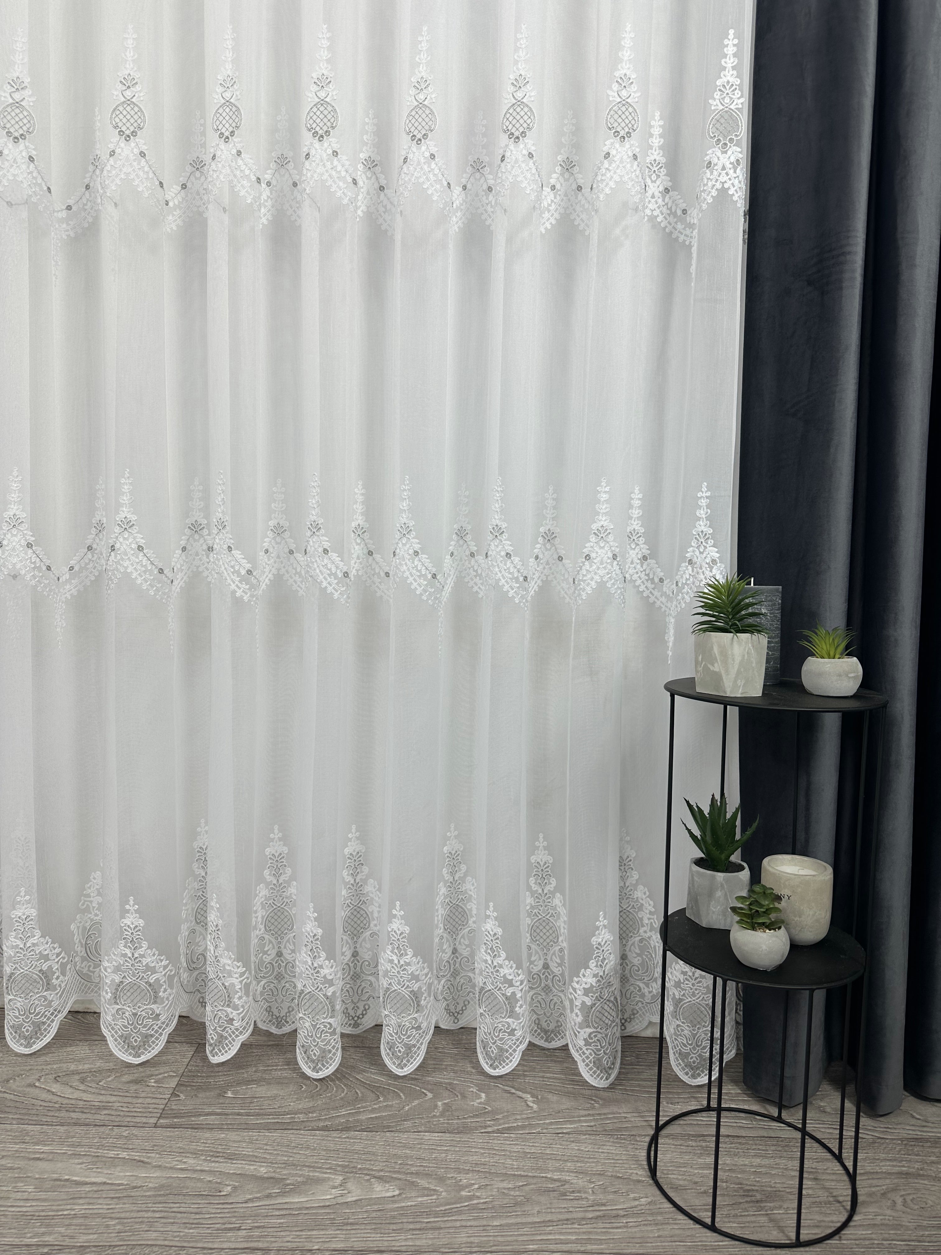 Sheer curtain with beautiful embroidery, gray color