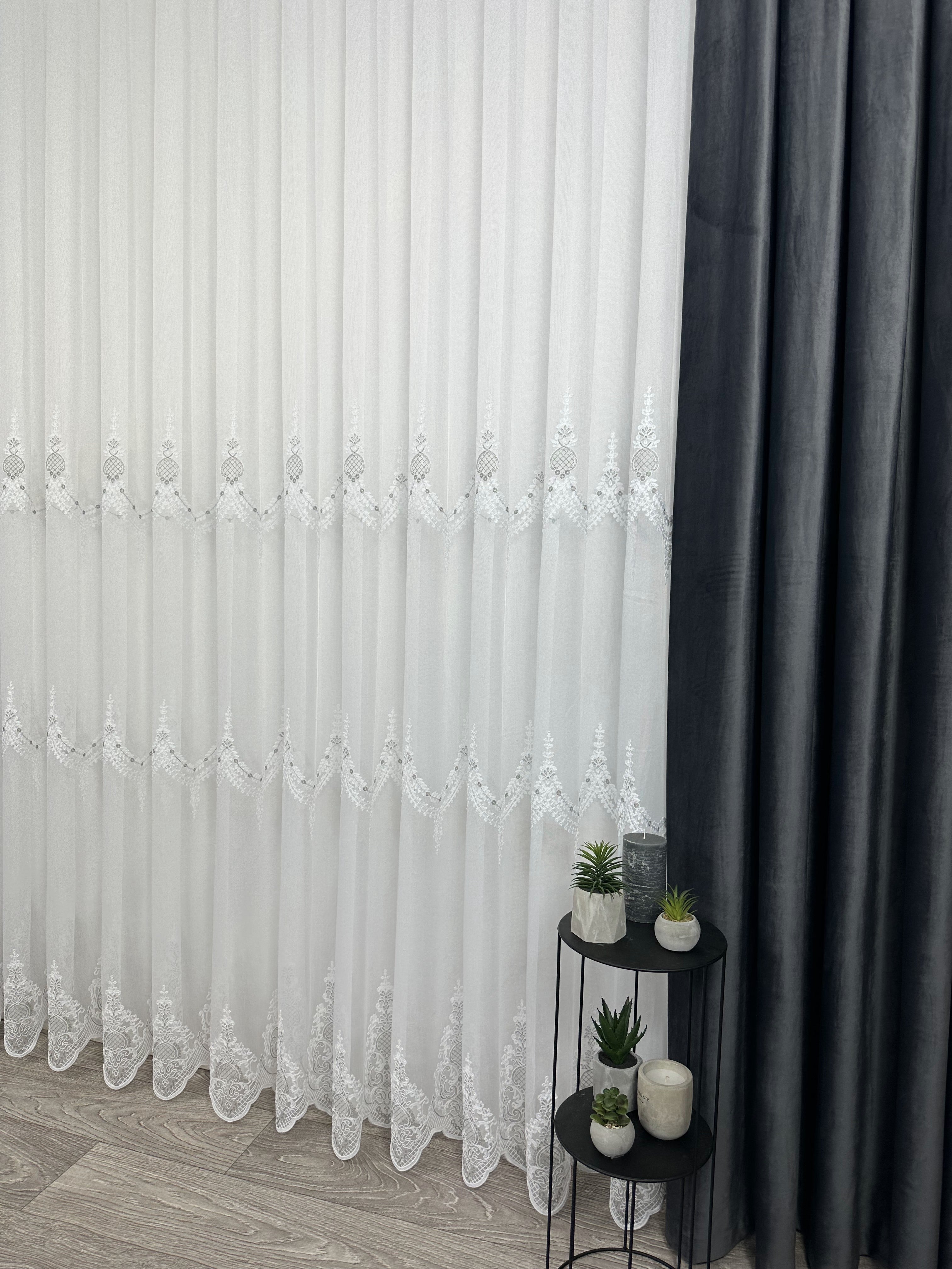 Sheer curtain with beautiful embroidery, gray color