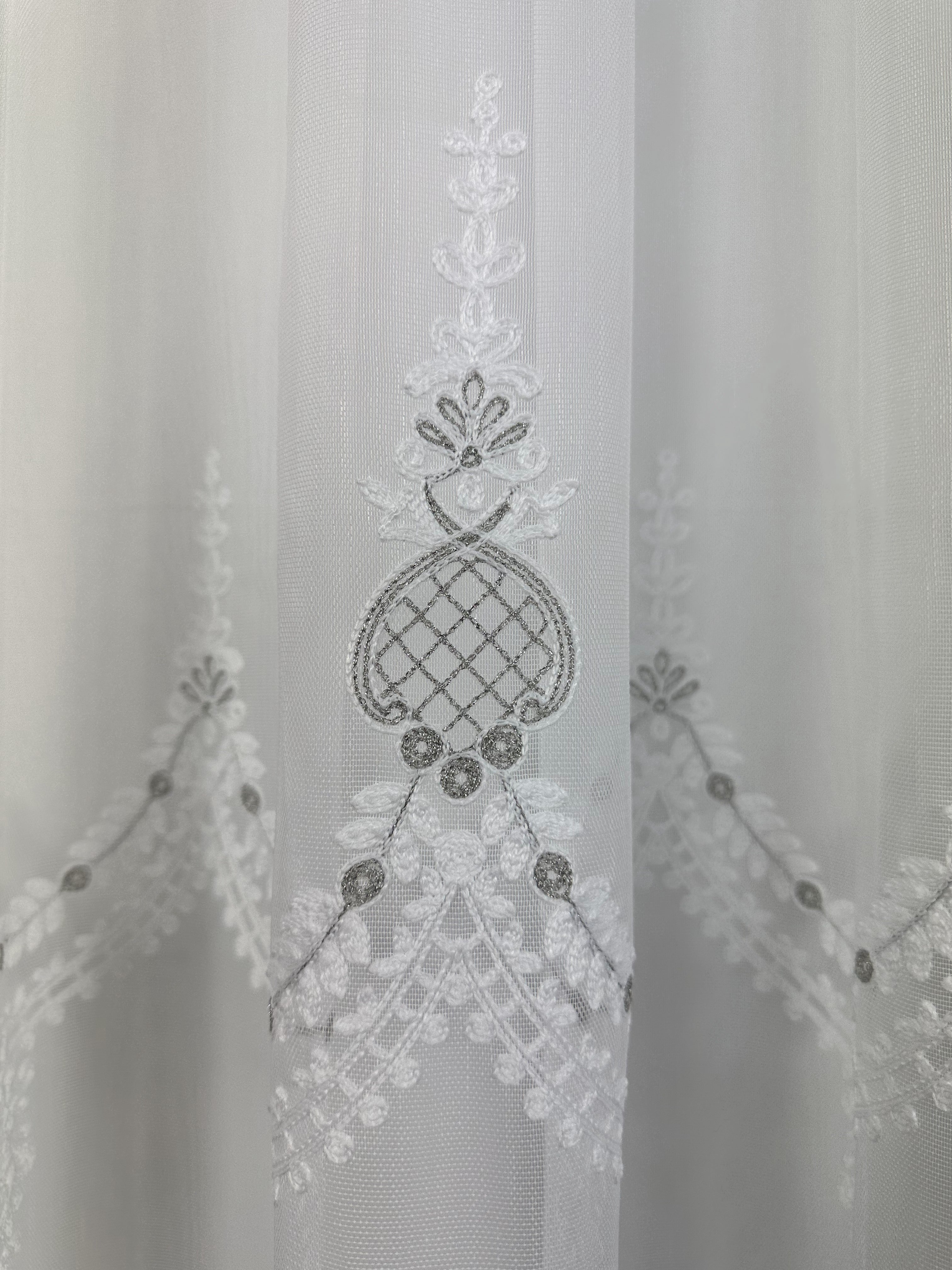 Sheer curtain with beautiful embroidery, gray color