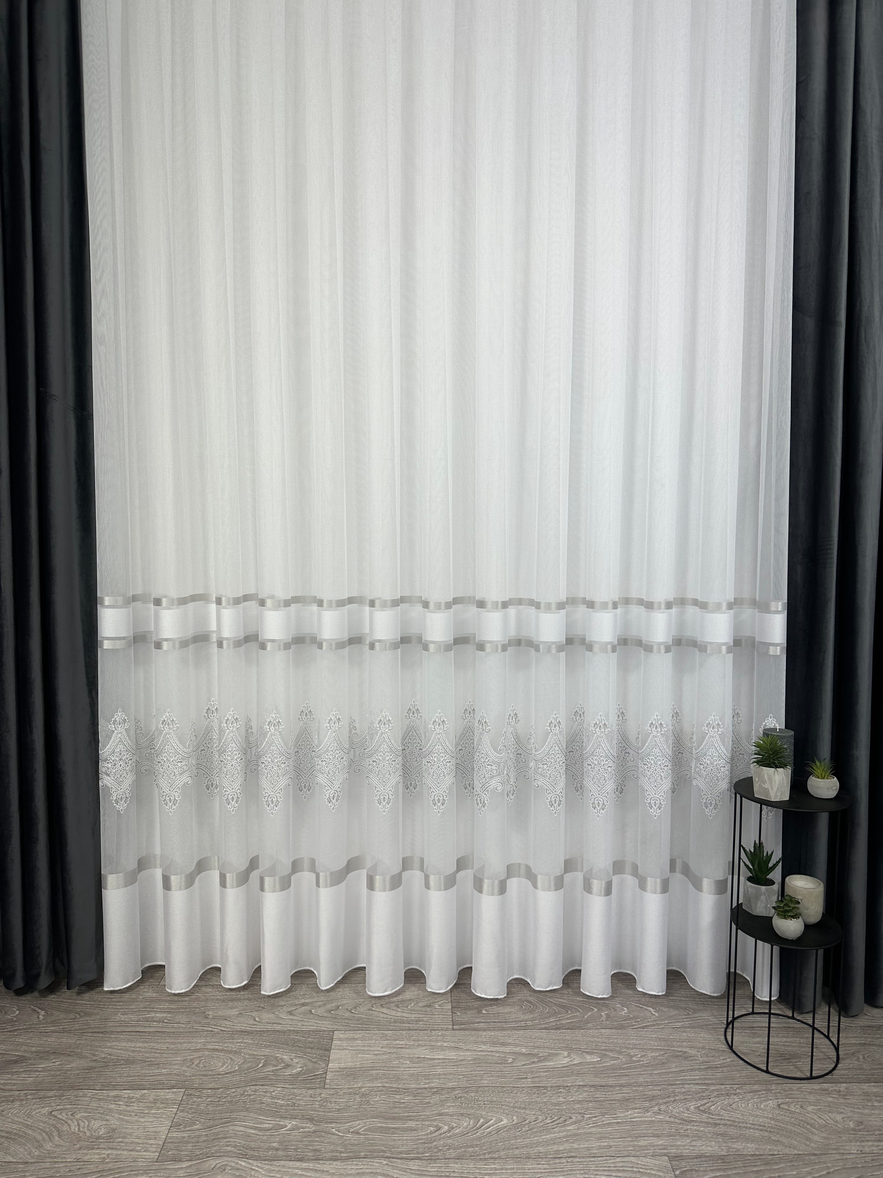 Sheer curtain with chenille embroidery, gray color