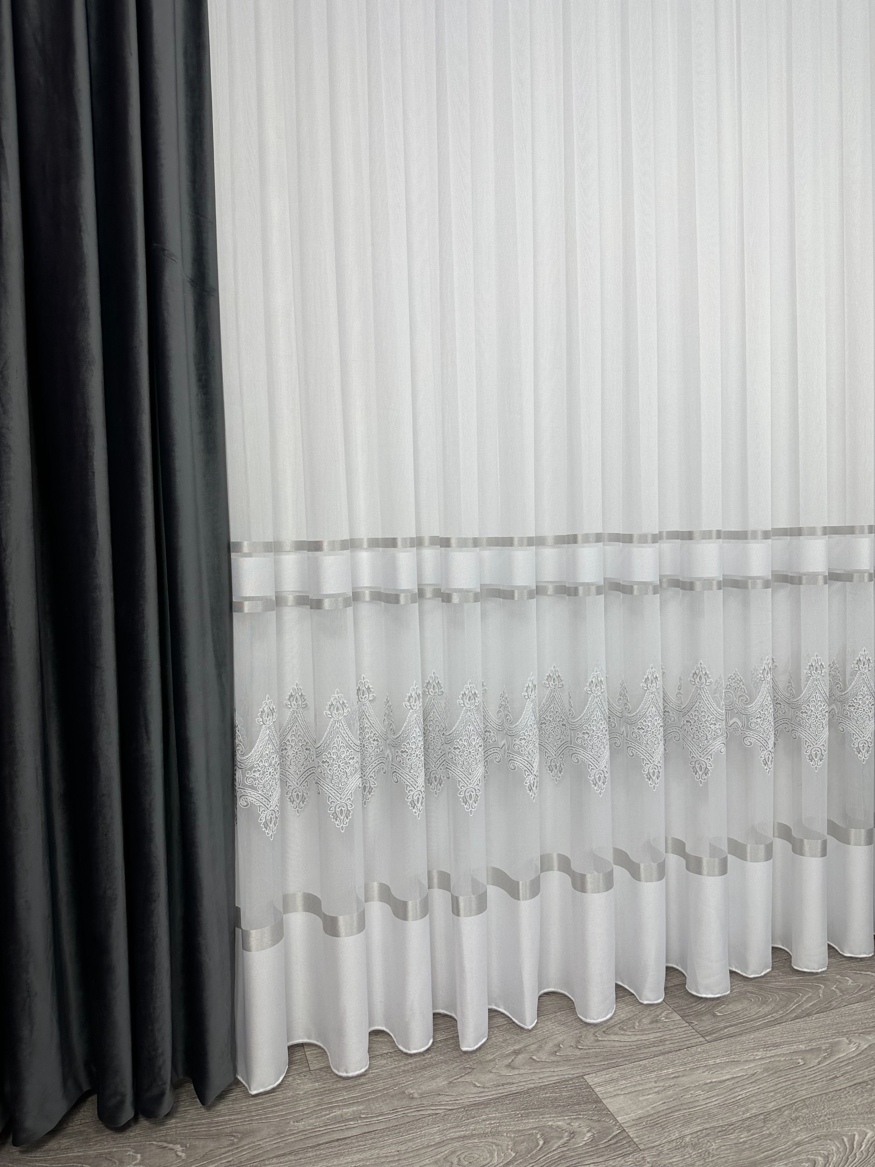 Sheer curtain with chenille embroidery, gray color