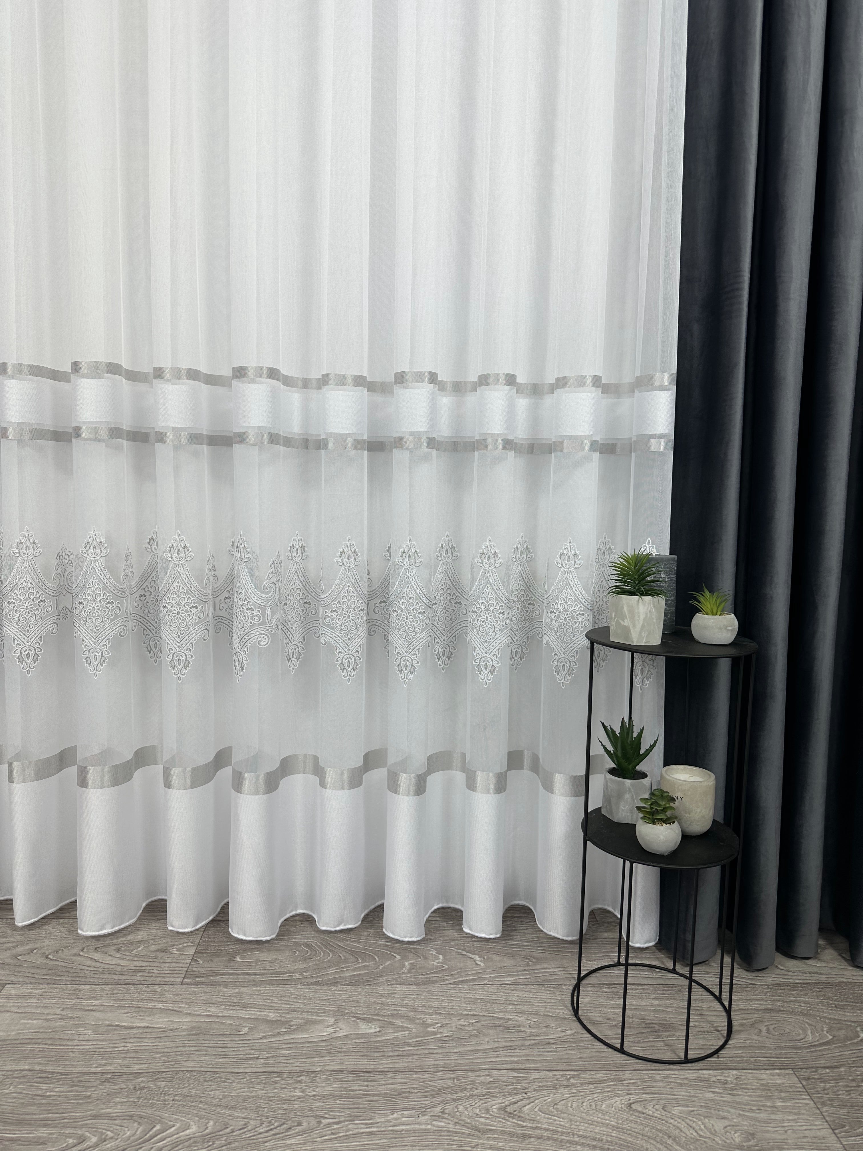 Sheer curtain with chenille embroidery, gray color