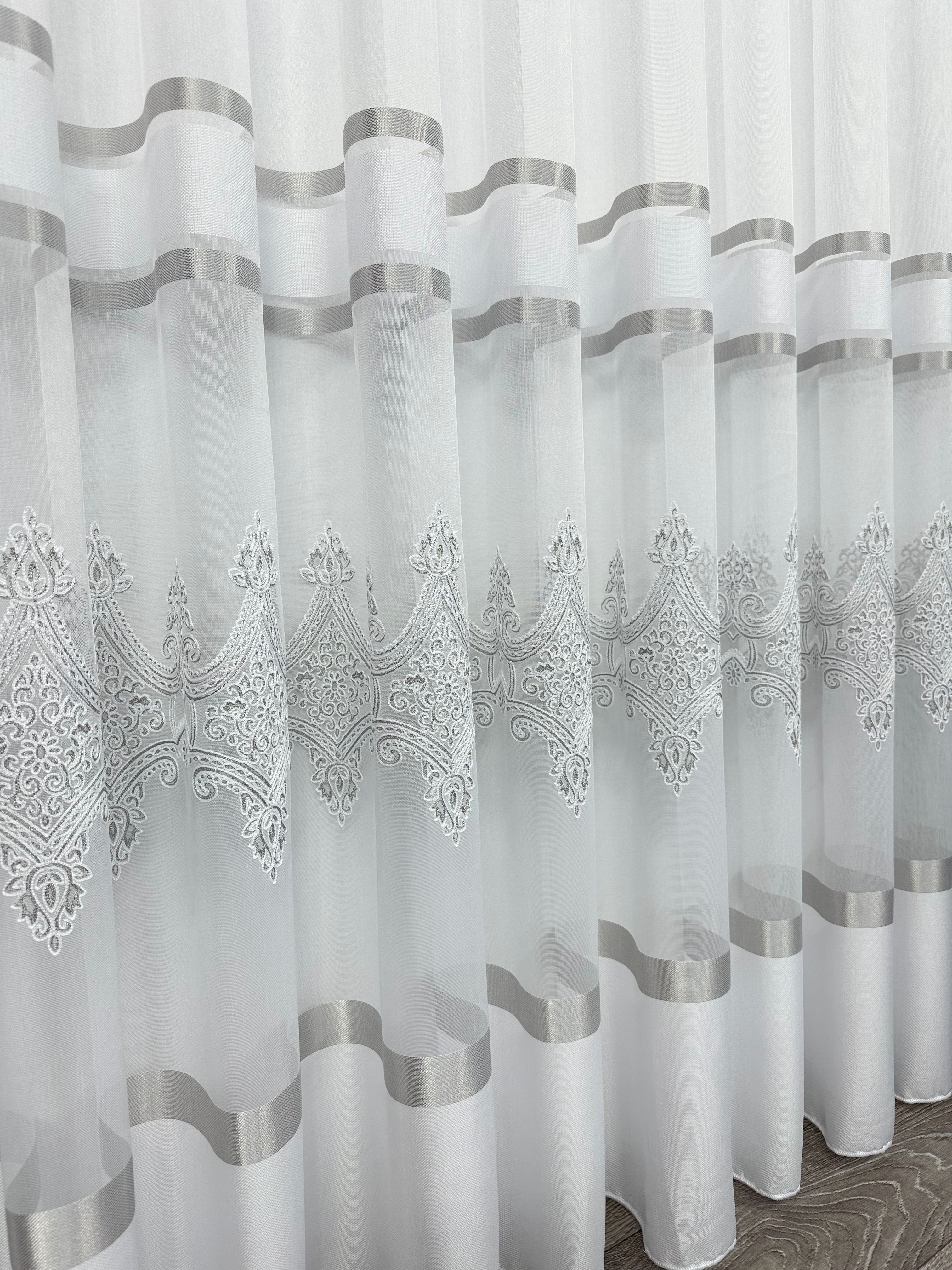 Sheer curtain with chenille embroidery, gray color