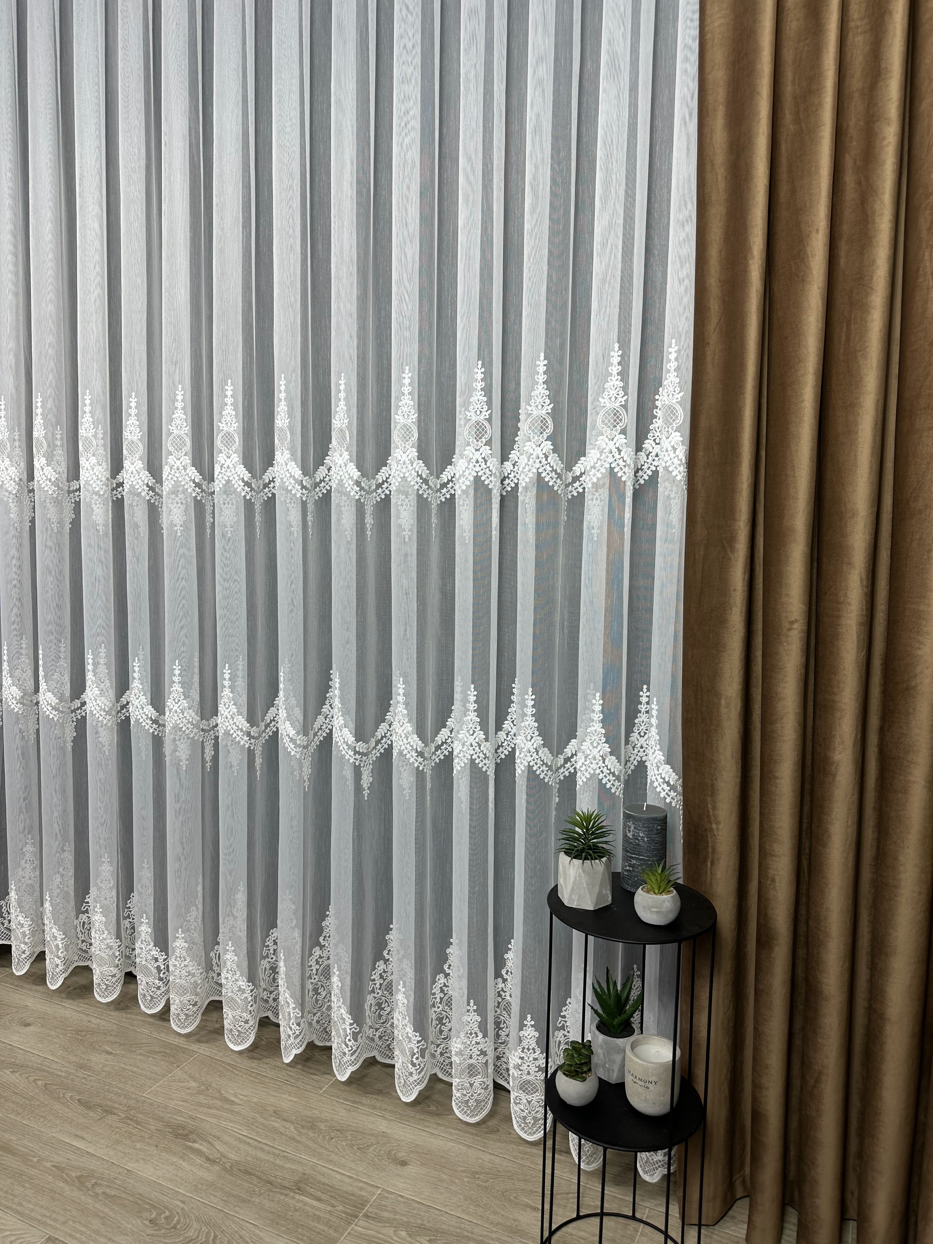 Sheer curtain with beautiful embroidery, cappuccino color