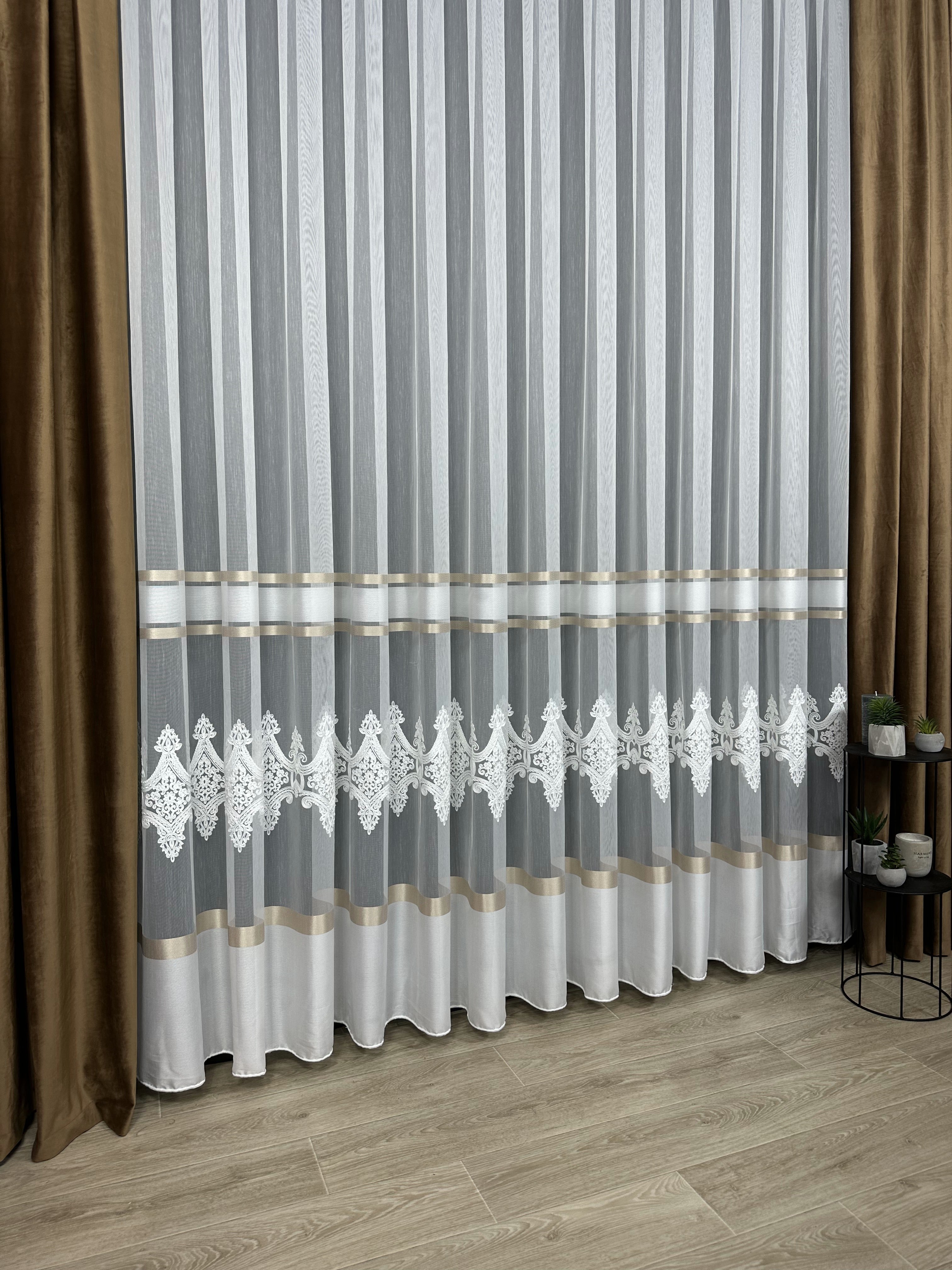 Sheer curtain with chenille embroidery, milk with gold color