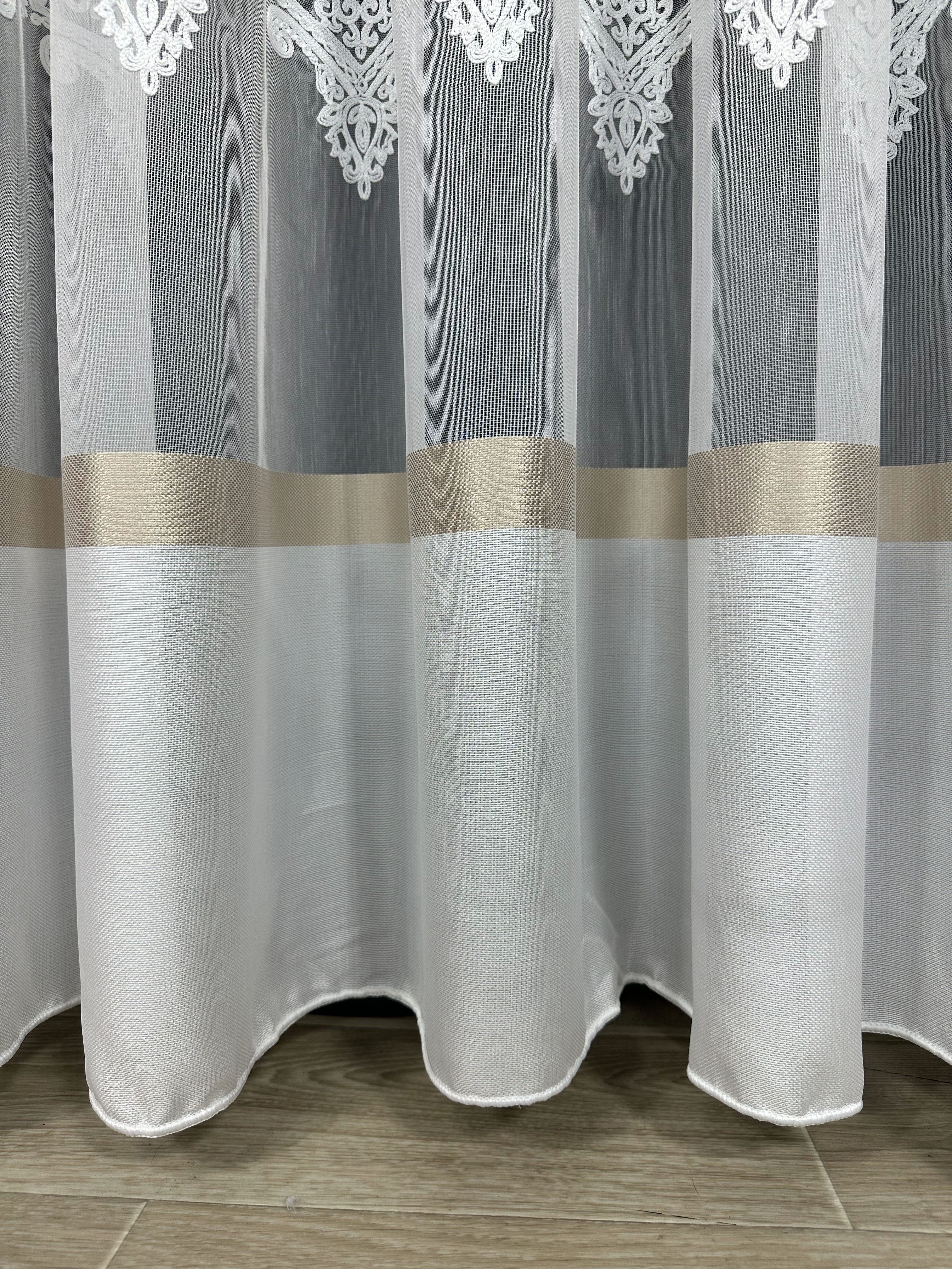 Sheer curtain with chenille embroidery, milk with gold color