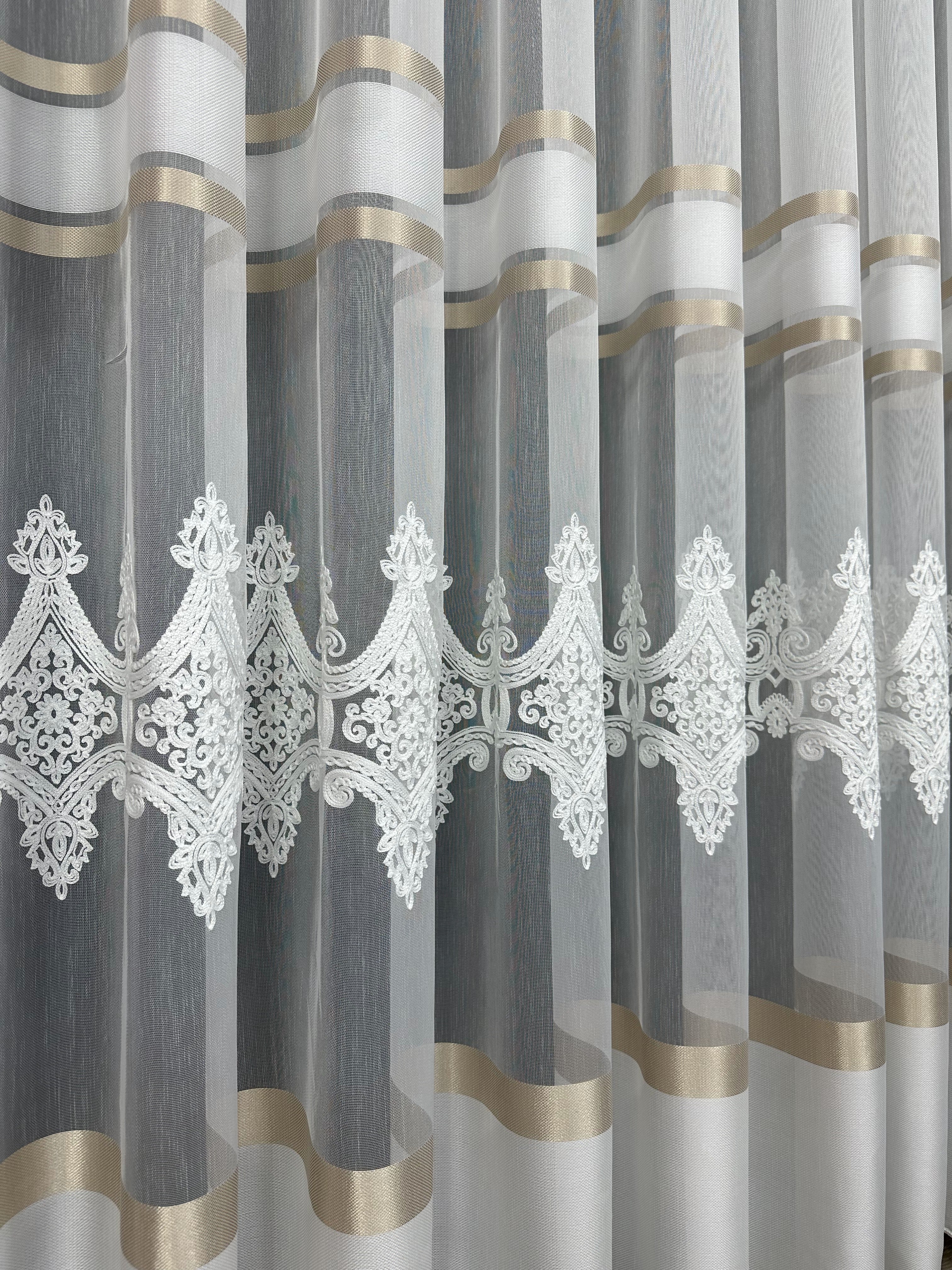 Sheer curtain with chenille embroidery, milk with gold color