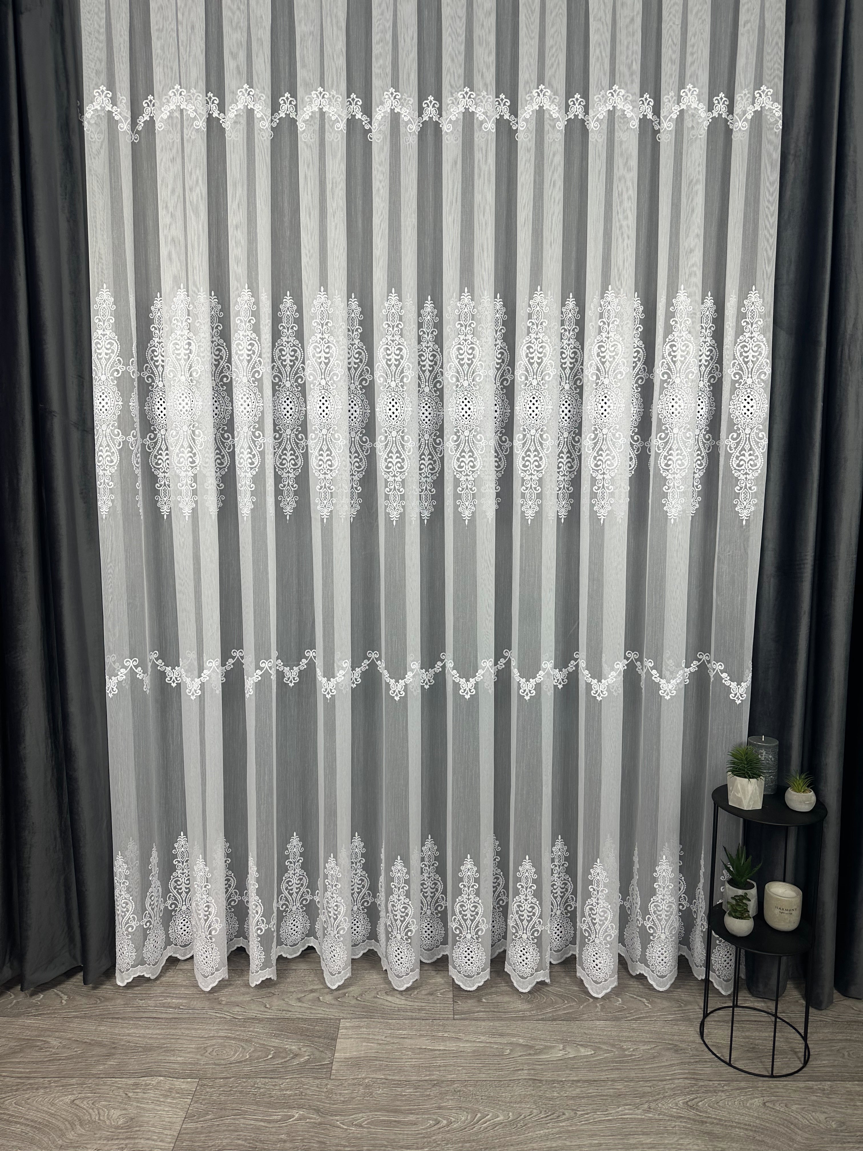 Sheer curtain with beautiful embroidery, white color