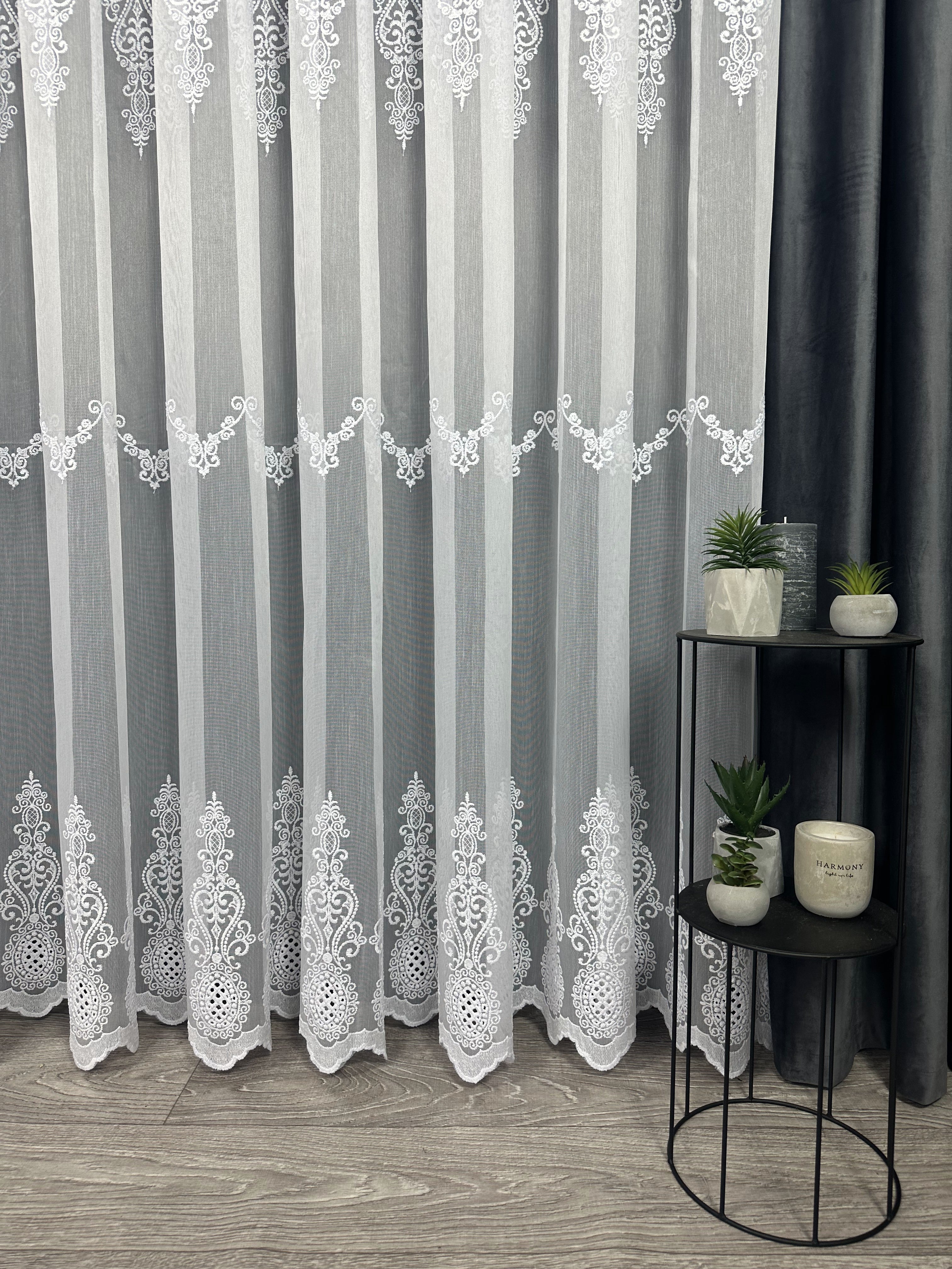 Sheer curtain with beautiful embroidery, white color