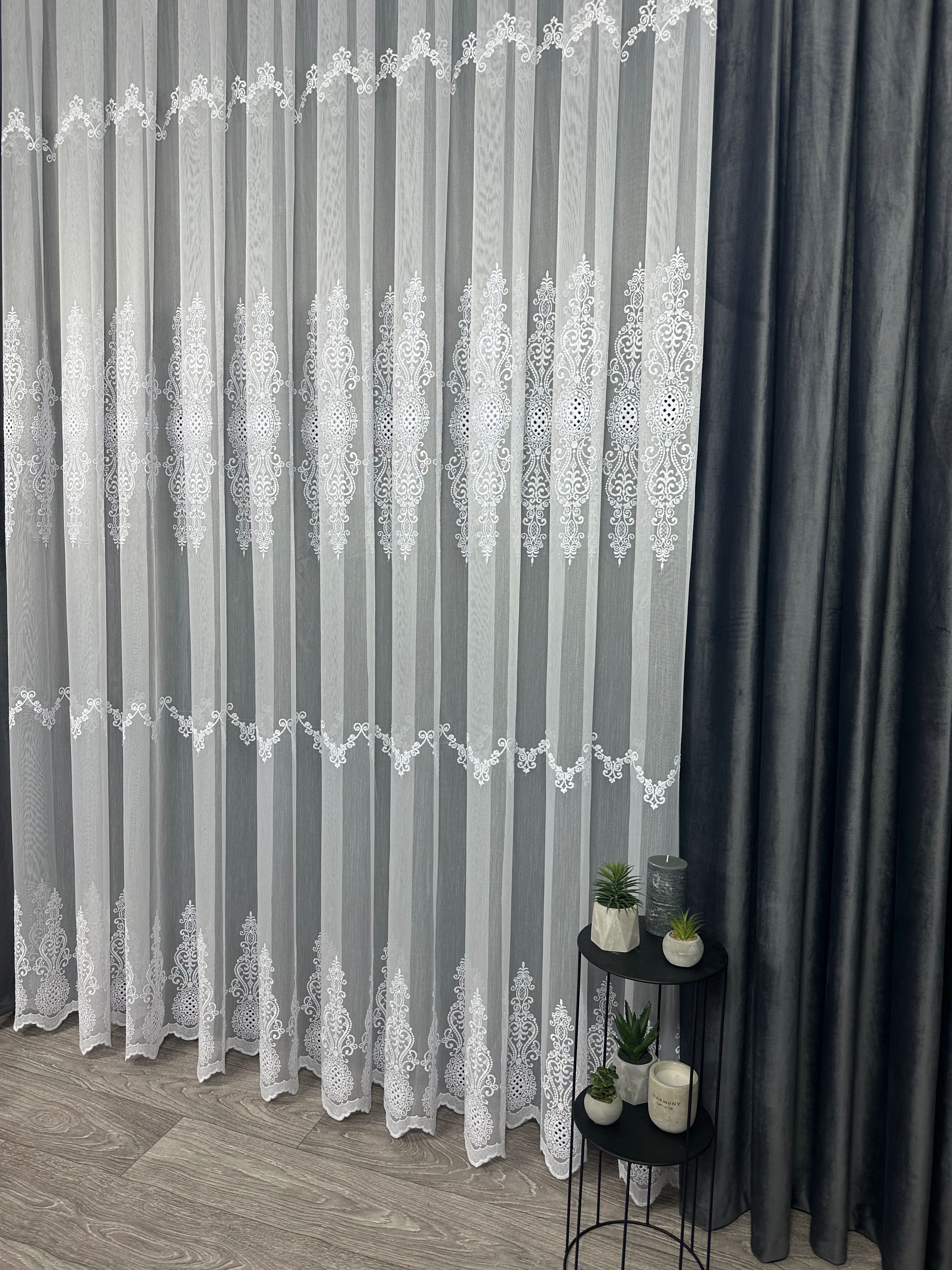 Sheer curtain with beautiful embroidery, white color