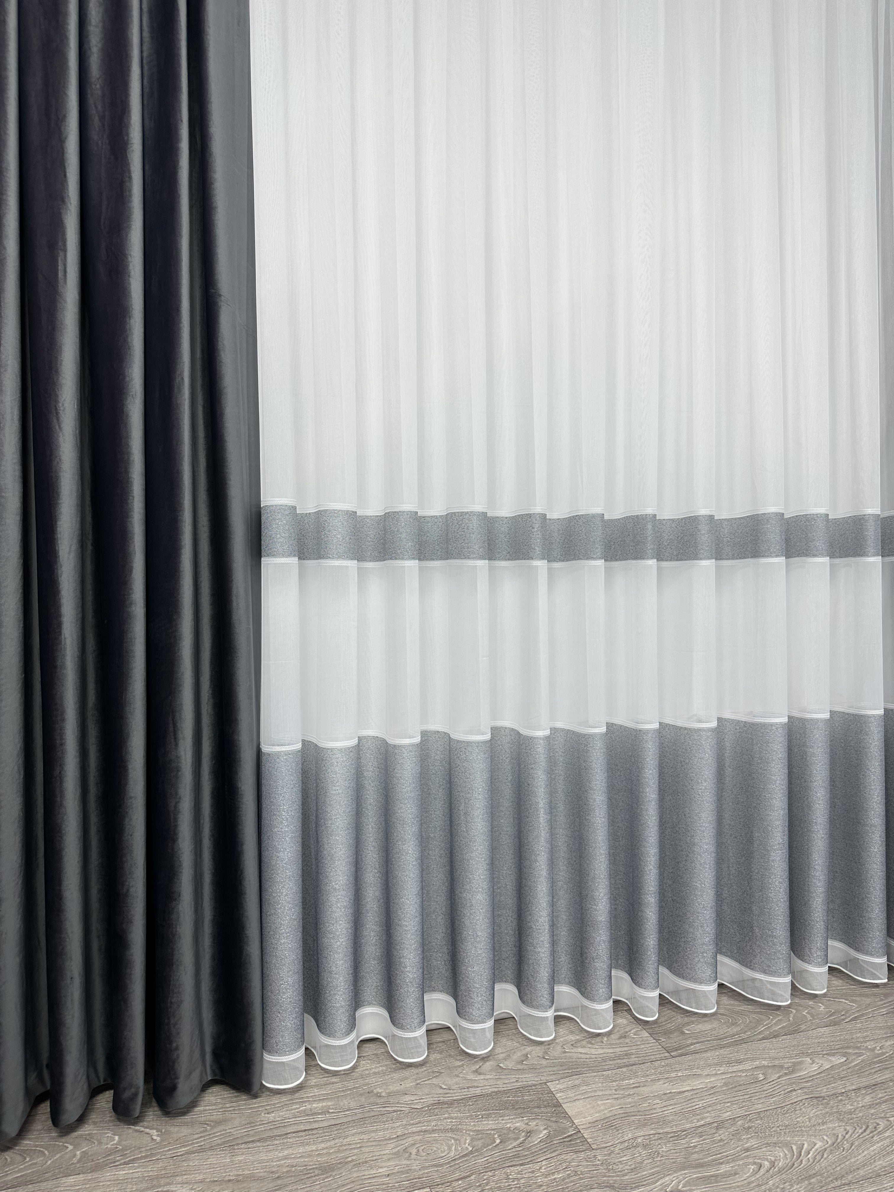 Sheer curtain with stripes, dark gray color