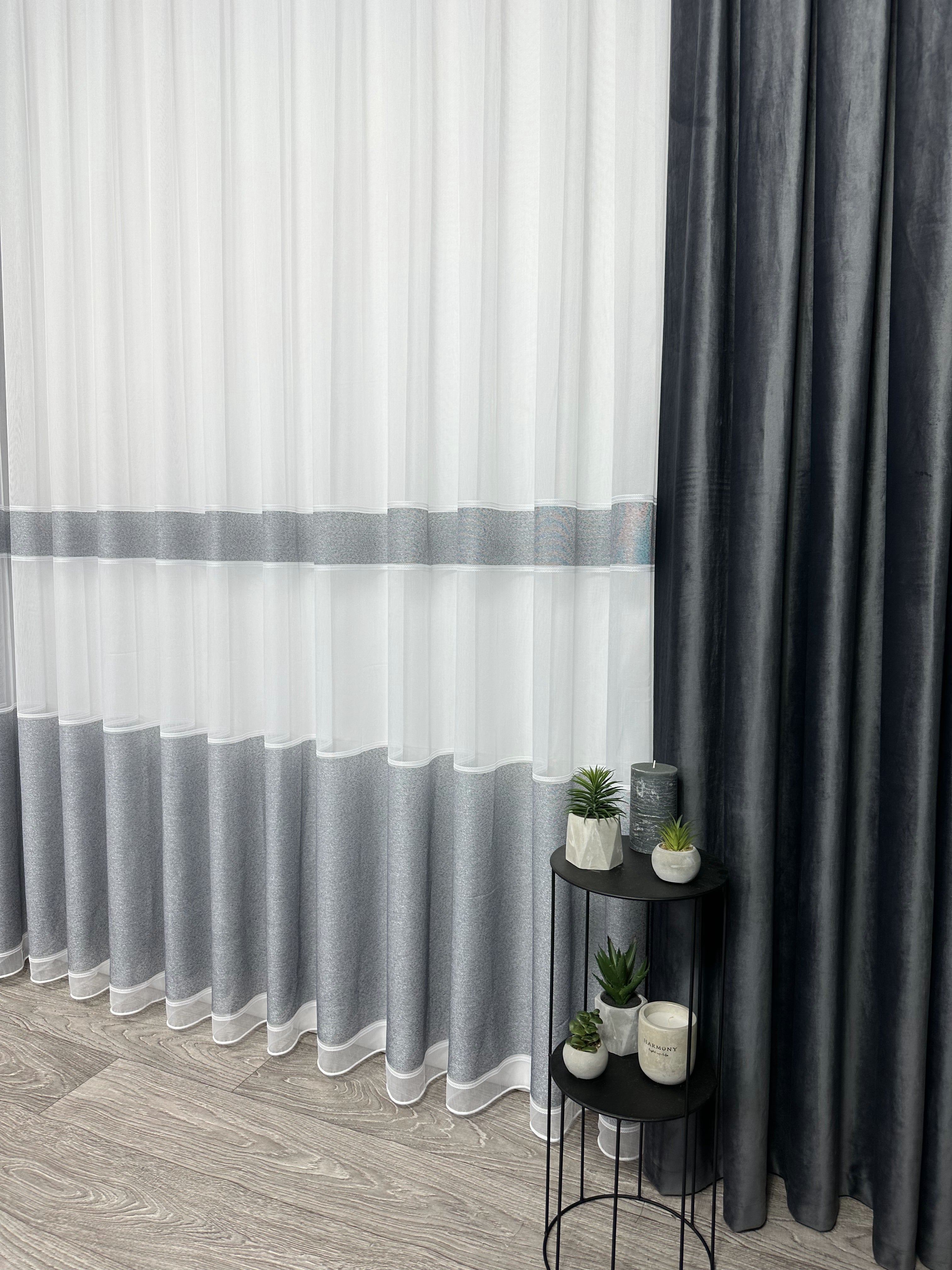 Sheer curtain with stripes, dark gray color