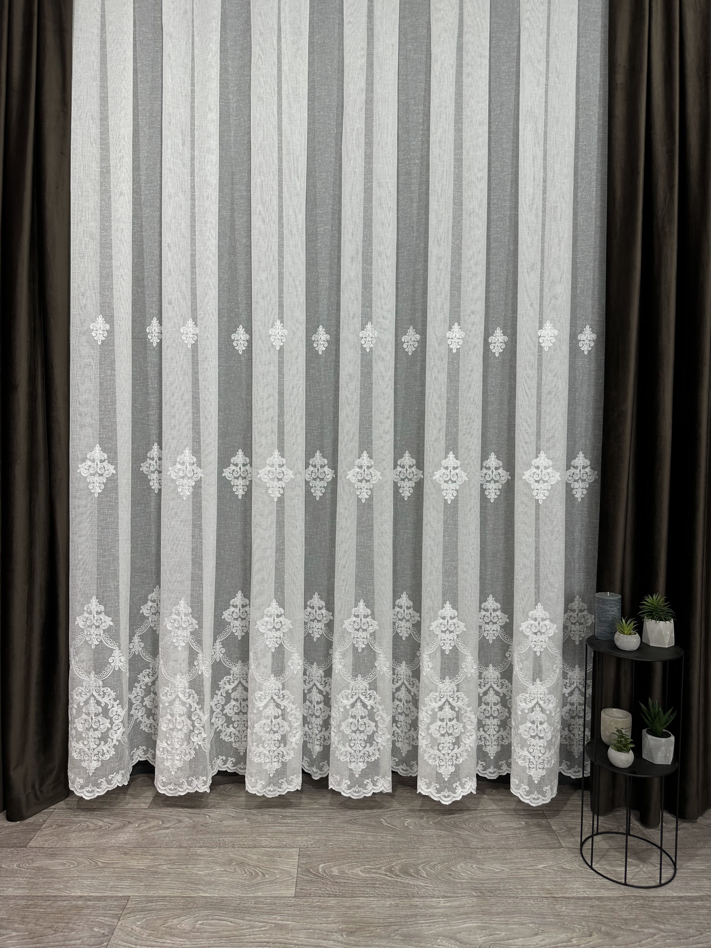 Linen sheer curtain with beautiful embroidery, milk color