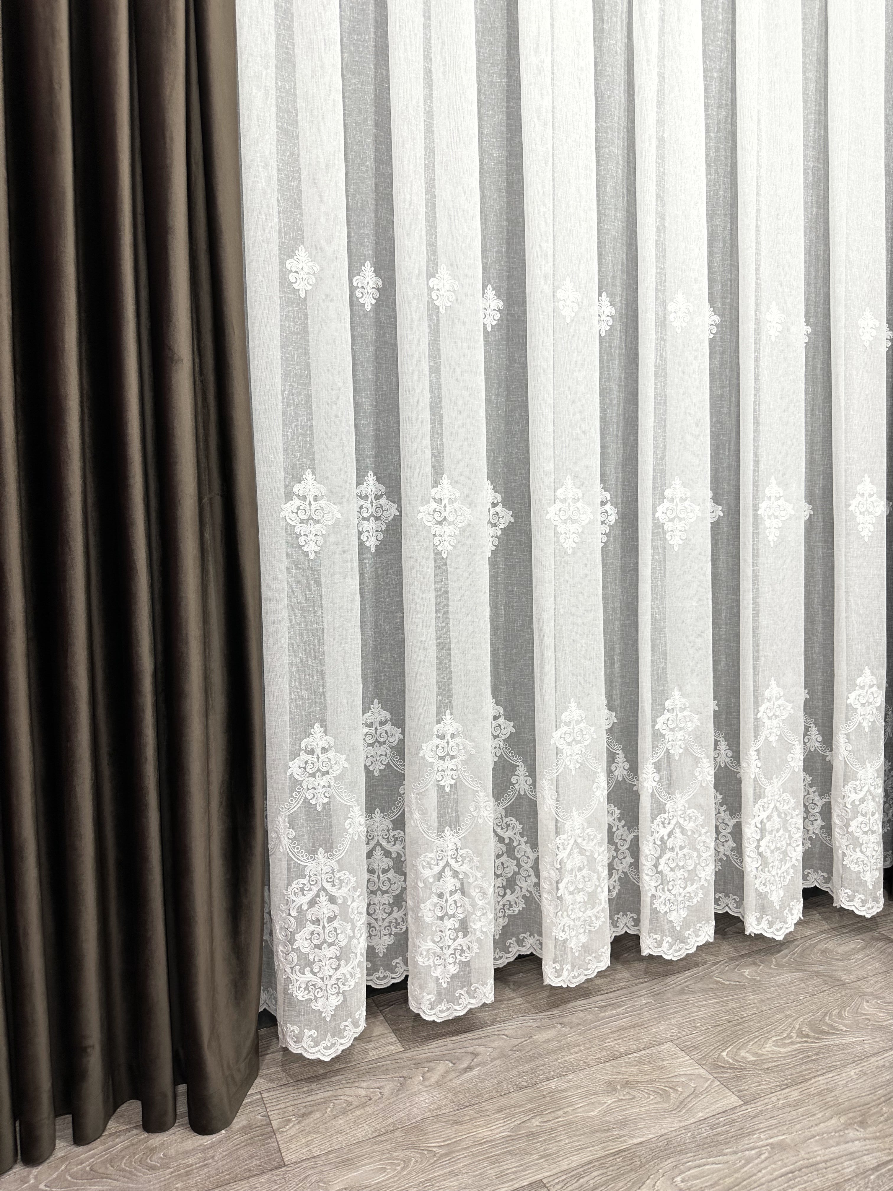 Linen sheer curtain with beautiful embroidery, milk color