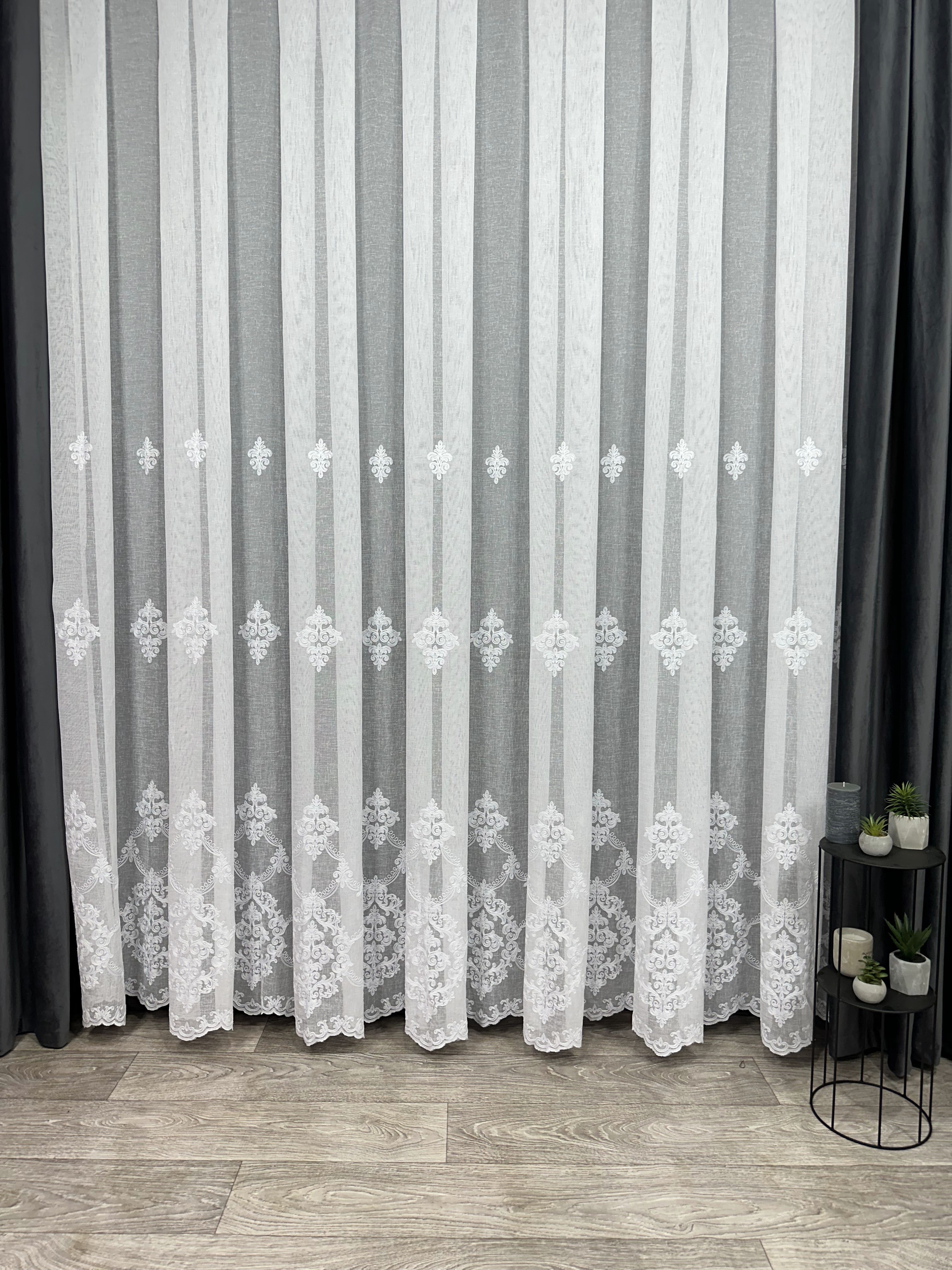 Linen sheer curtain with beautiful embroidery, white color