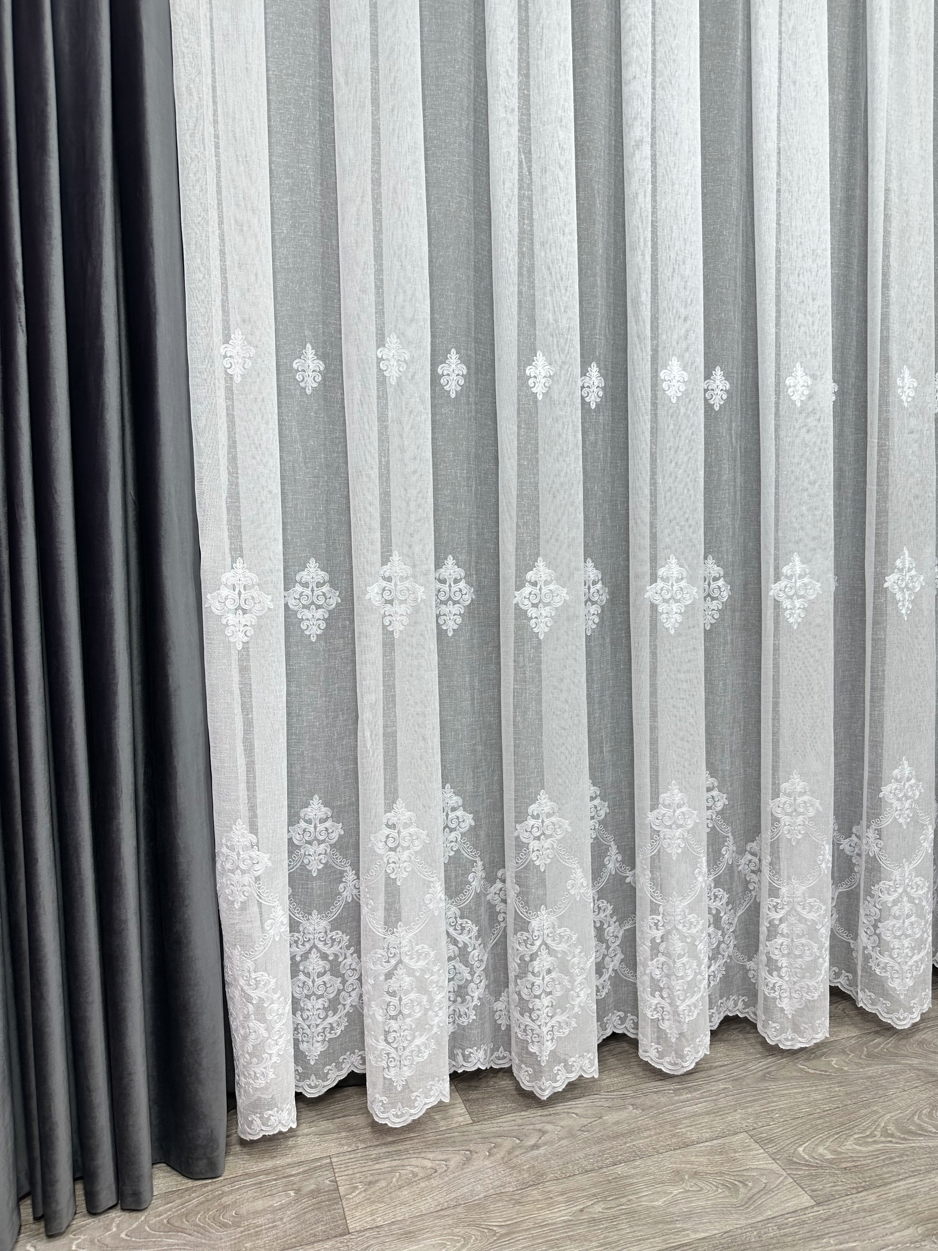 Linen sheer curtain with beautiful embroidery, white color